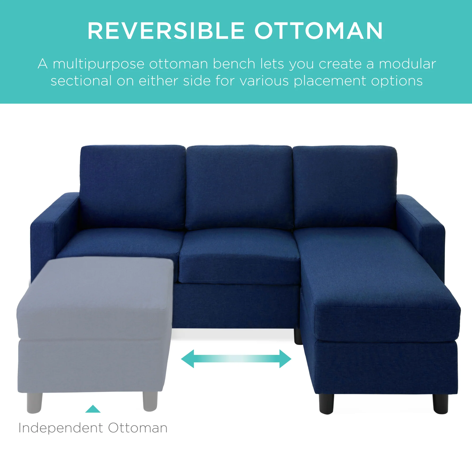 Upholstered Sectional Sofa Couch w/ Chaise Lounge, Reversible Ottoman Bench - Image 58