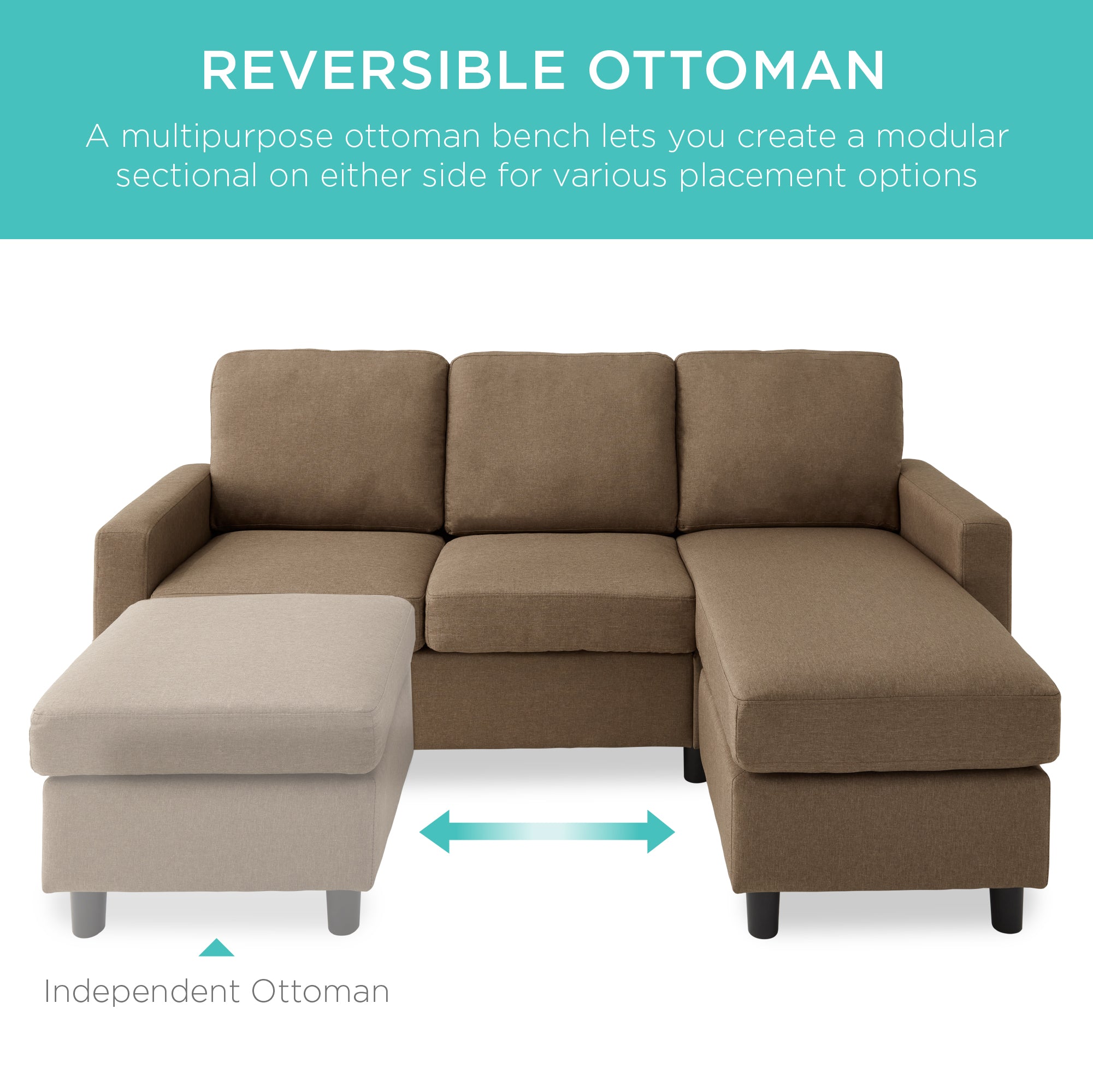 Upholstered Sectional Sofa Couch w/ Chaise Lounge, Reversible Ottoman Bench - Image 9