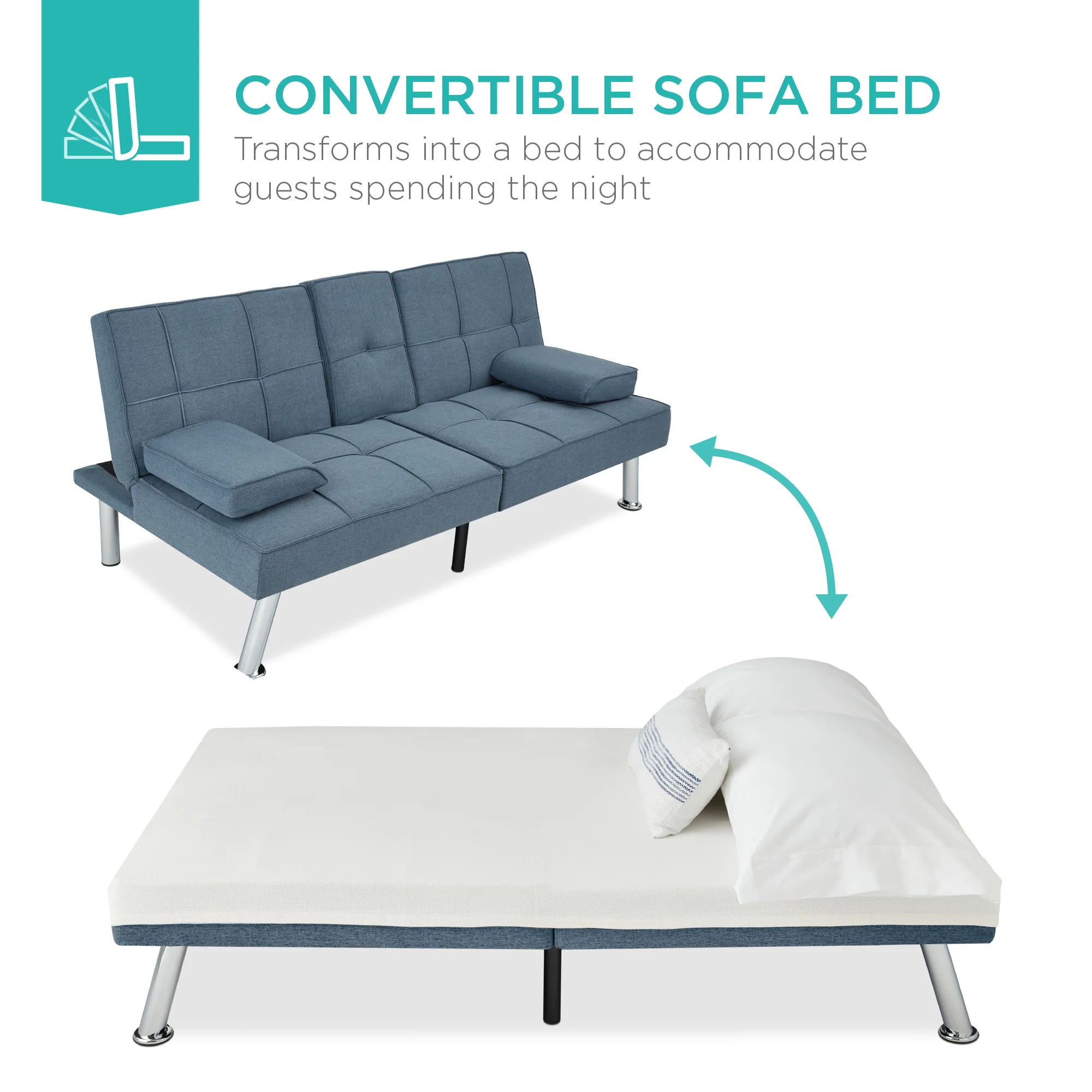 Linen Upholstered Convertible Sofa Bed Futon w/ 2 Cupholders - Image 12