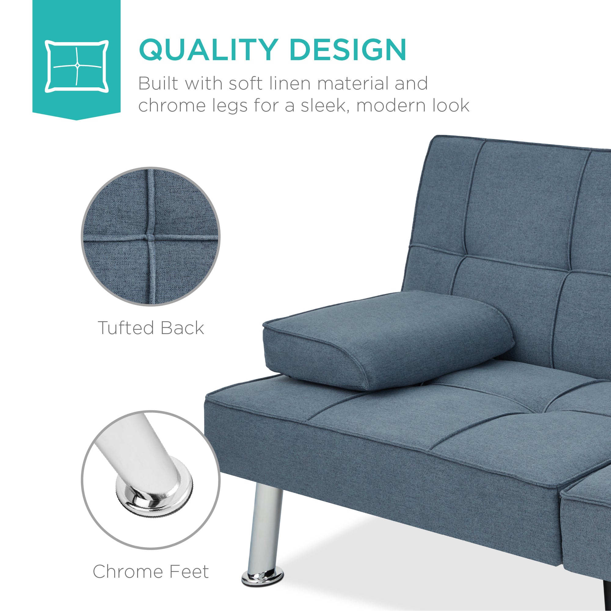 Linen Upholstered Convertible Sofa Bed Futon w/ 2 Cupholders - Image 13