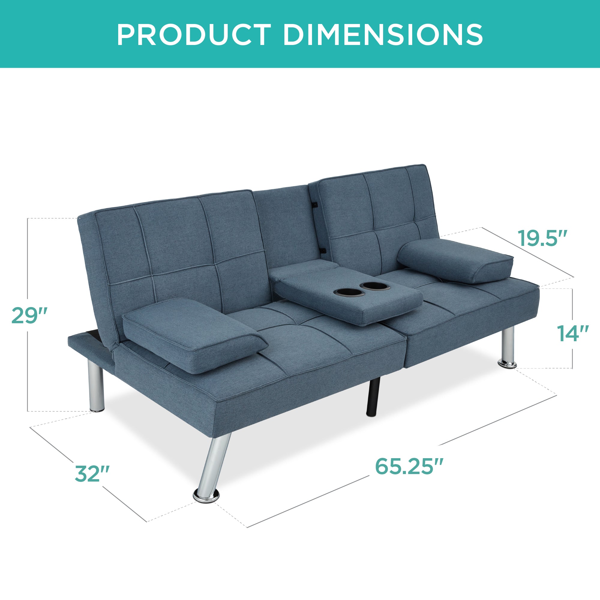 Linen Upholstered Convertible Sofa Bed Futon w/ 2 Cupholders - Image 15