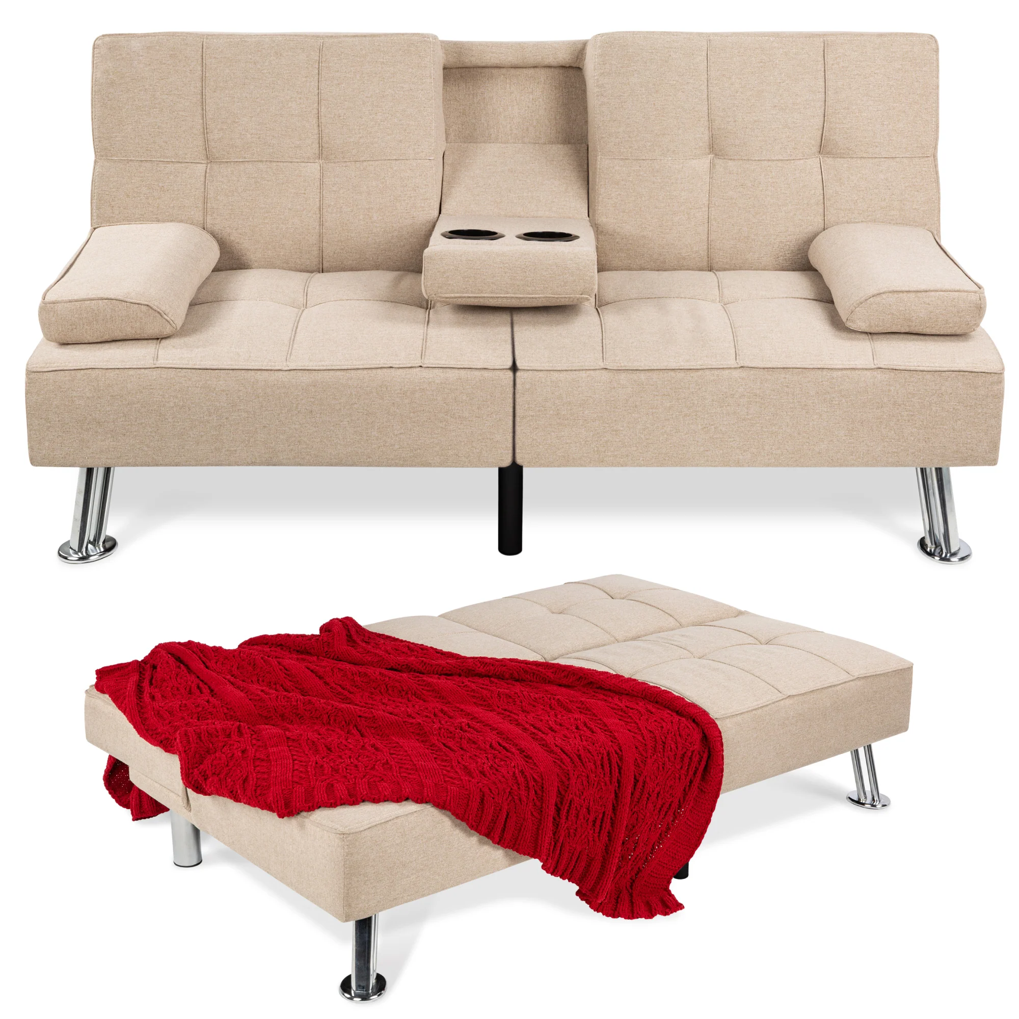 Linen Upholstered Convertible Sofa Bed Futon w/ 2 Cupholders - Image 16