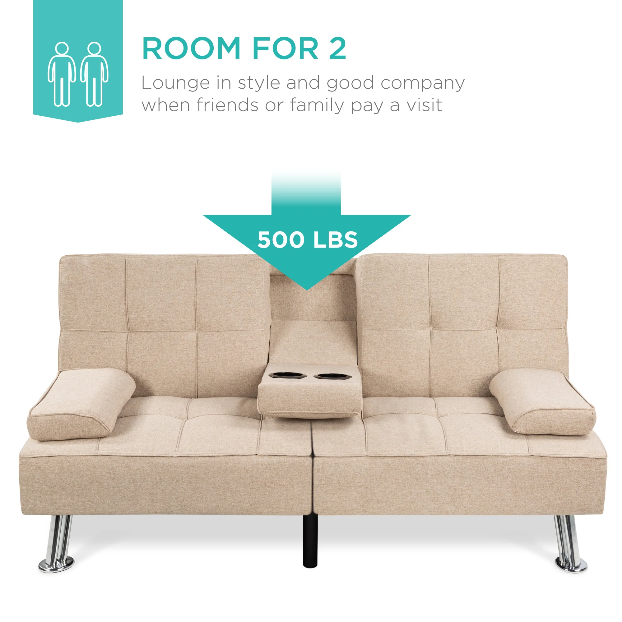 Linen Upholstered Convertible Sofa Bed Futon w/ 2 Cupholders - Image 18