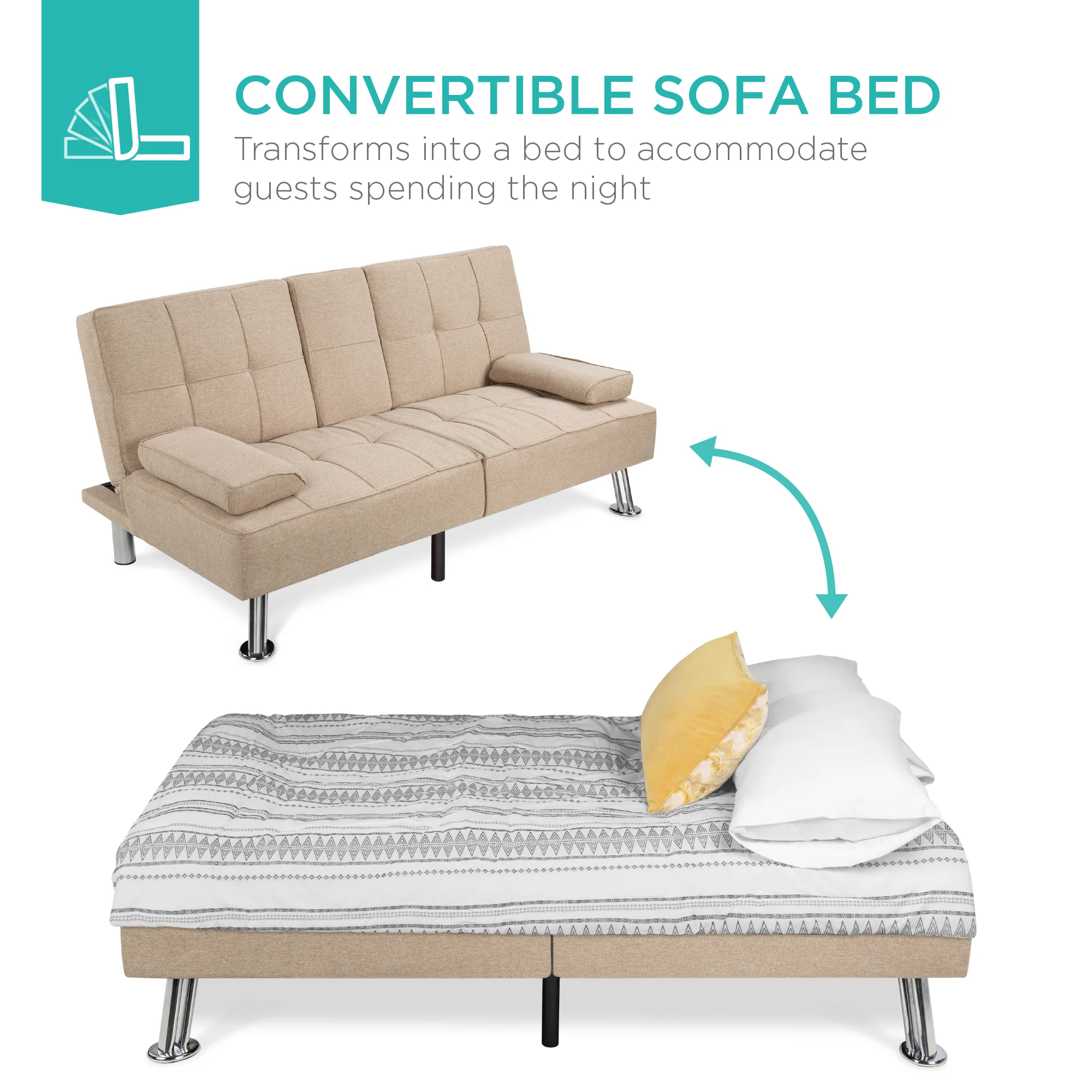 Linen Upholstered Convertible Sofa Bed Futon w/ 2 Cupholders - Image 19