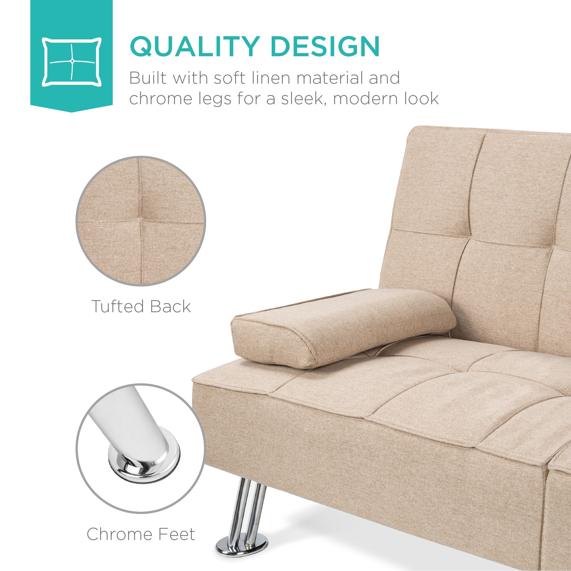 Linen Upholstered Convertible Sofa Bed Futon w/ 2 Cupholders - Image 20