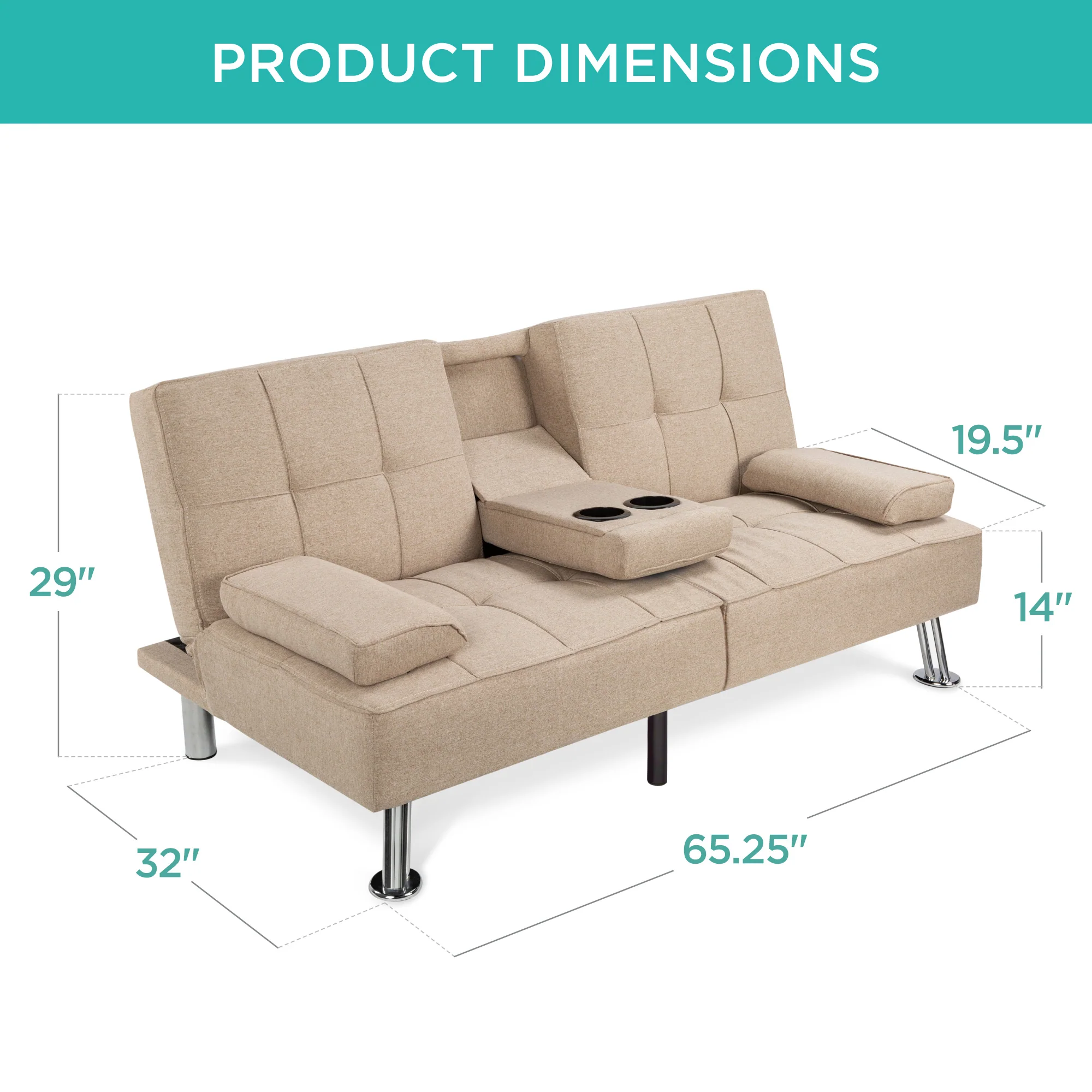 Linen Upholstered Convertible Sofa Bed Futon w/ 2 Cupholders - Image 22