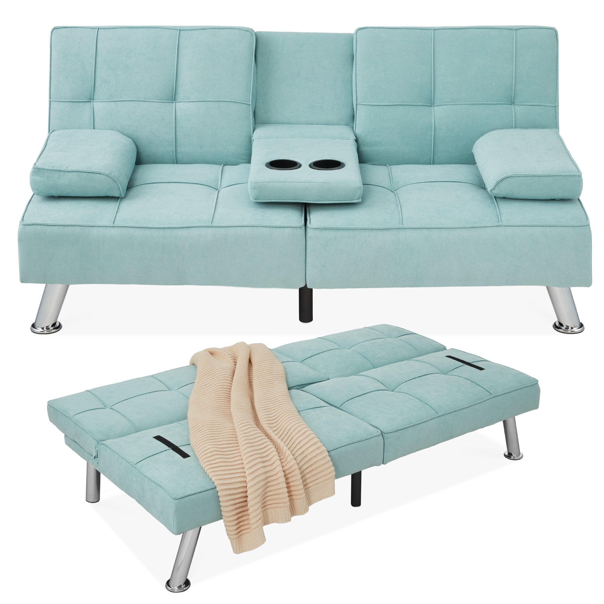 Linen Upholstered Convertible Sofa Bed Futon w/ 2 Cupholders - Image 23