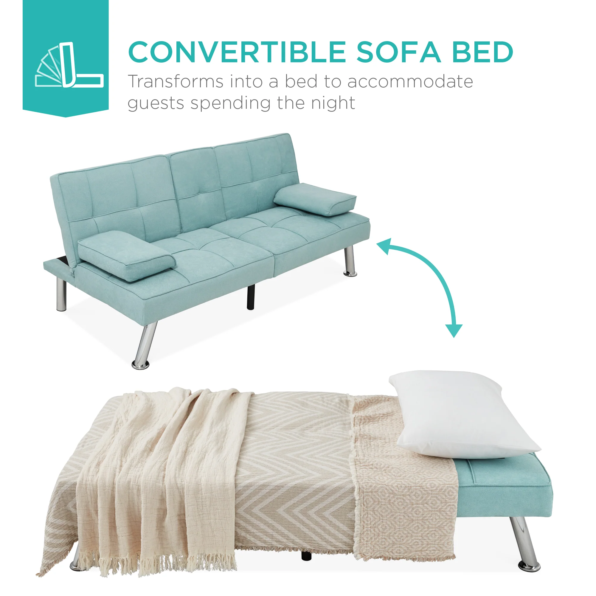 Linen Upholstered Convertible Sofa Bed Futon w/ 2 Cupholders - Image 26