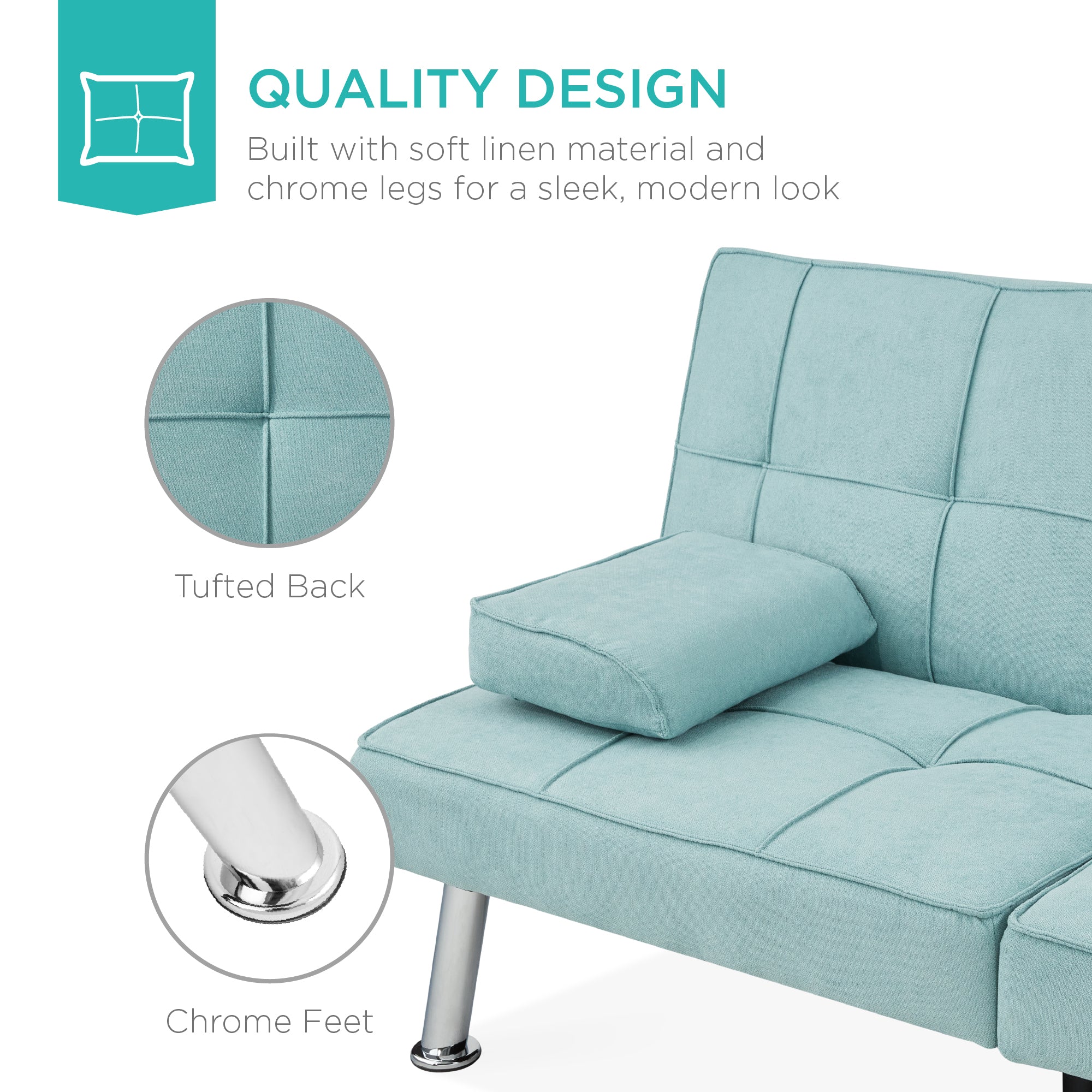 Linen Upholstered Convertible Sofa Bed Futon w/ 2 Cupholders - Image 27