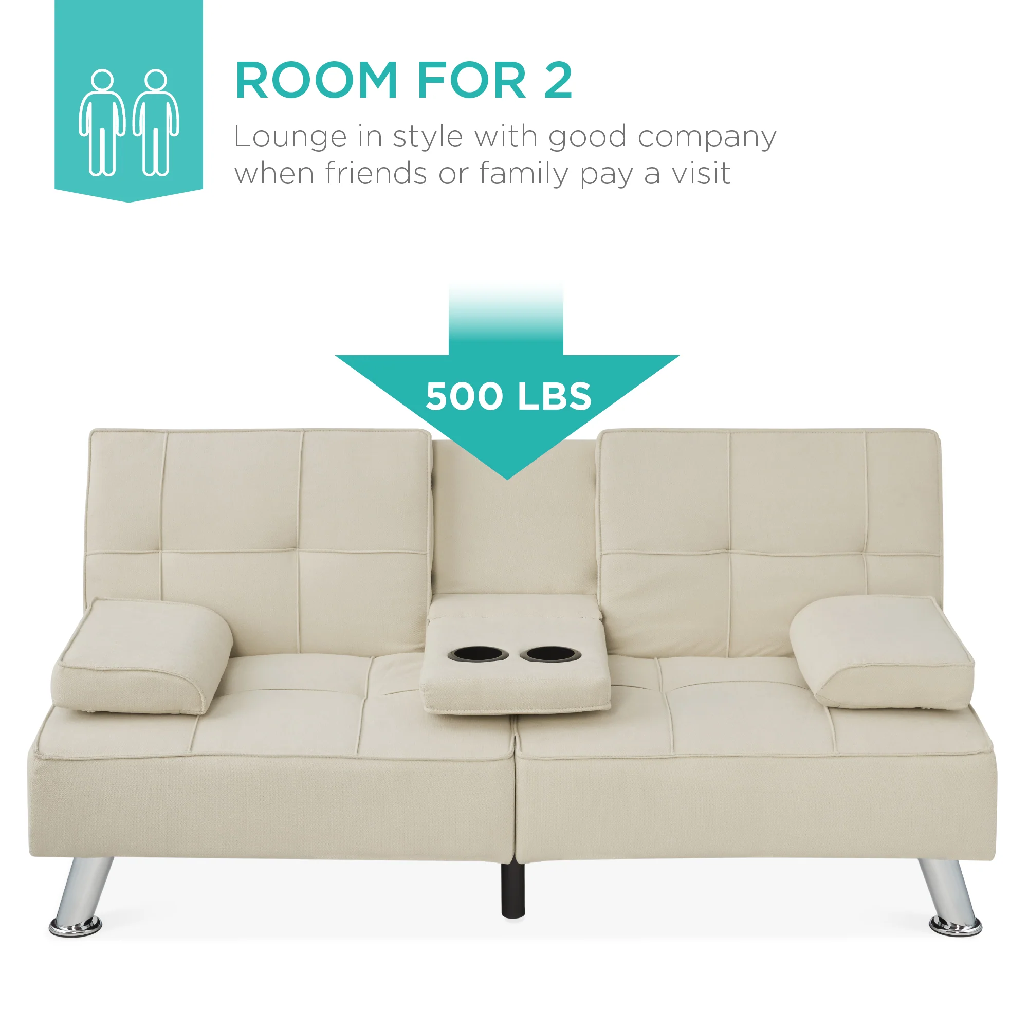 Linen Upholstered Convertible Sofa Bed Futon w/ 2 Cupholders - Image 3