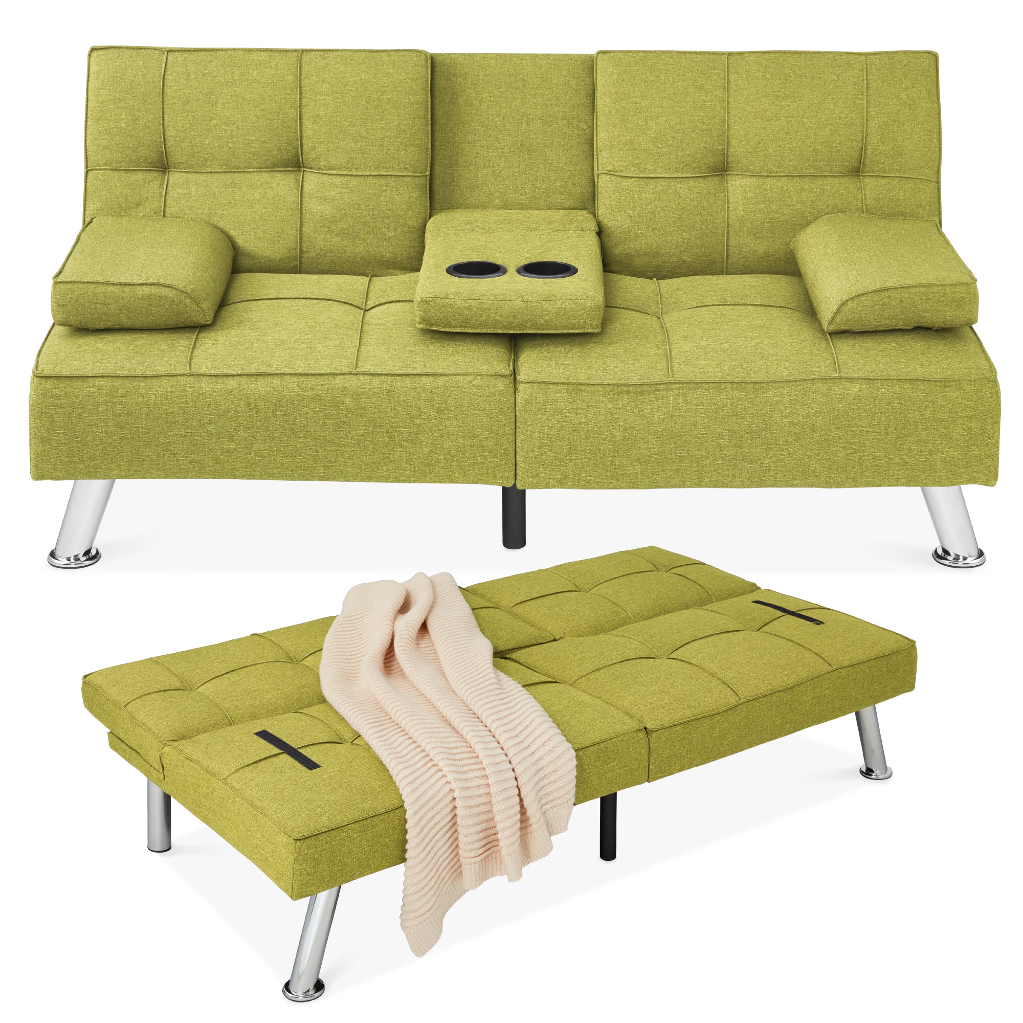 Linen Upholstered Convertible Sofa Bed Futon w/ 2 Cupholders - Image 31