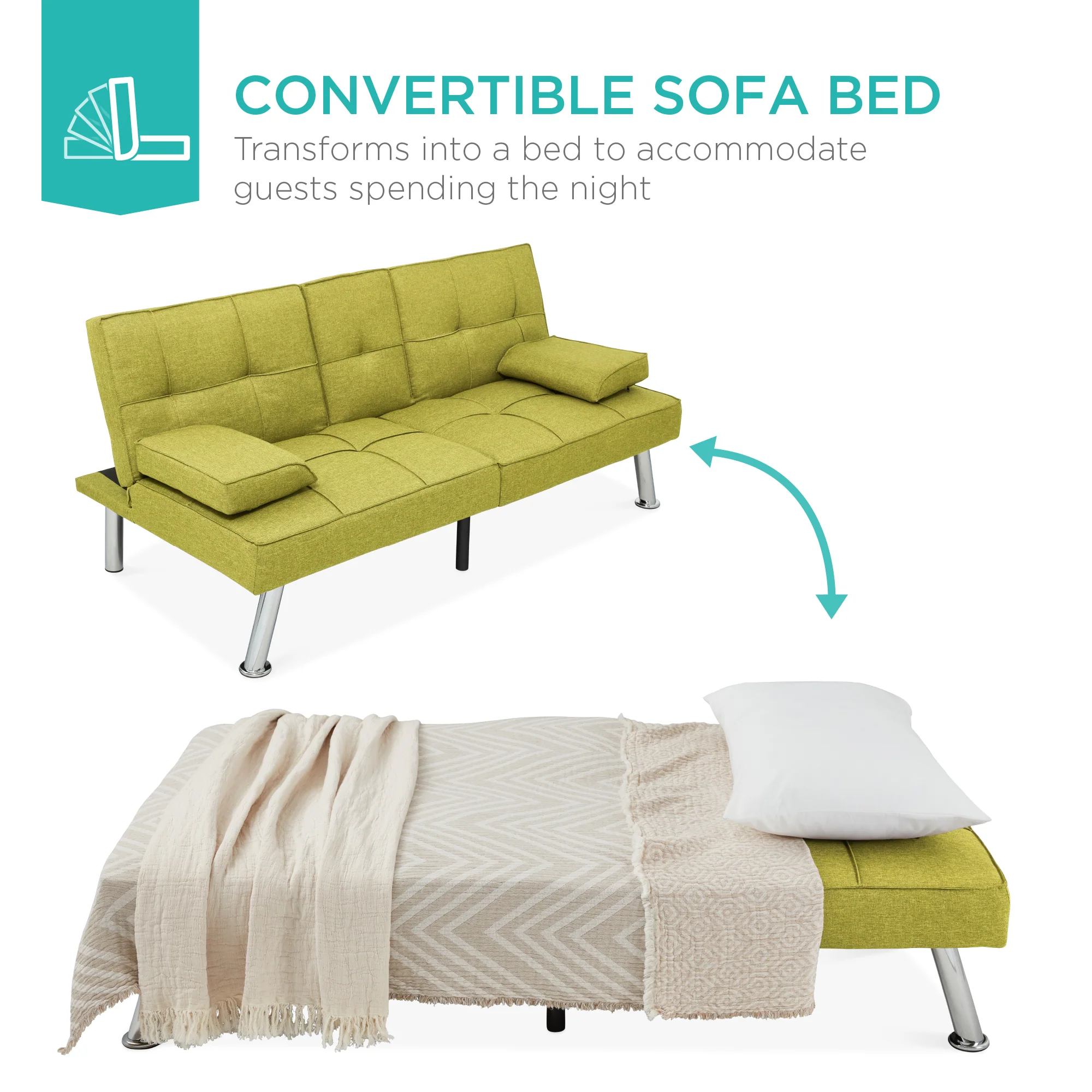 Linen Upholstered Convertible Sofa Bed Futon w/ 2 Cupholders - Image 34