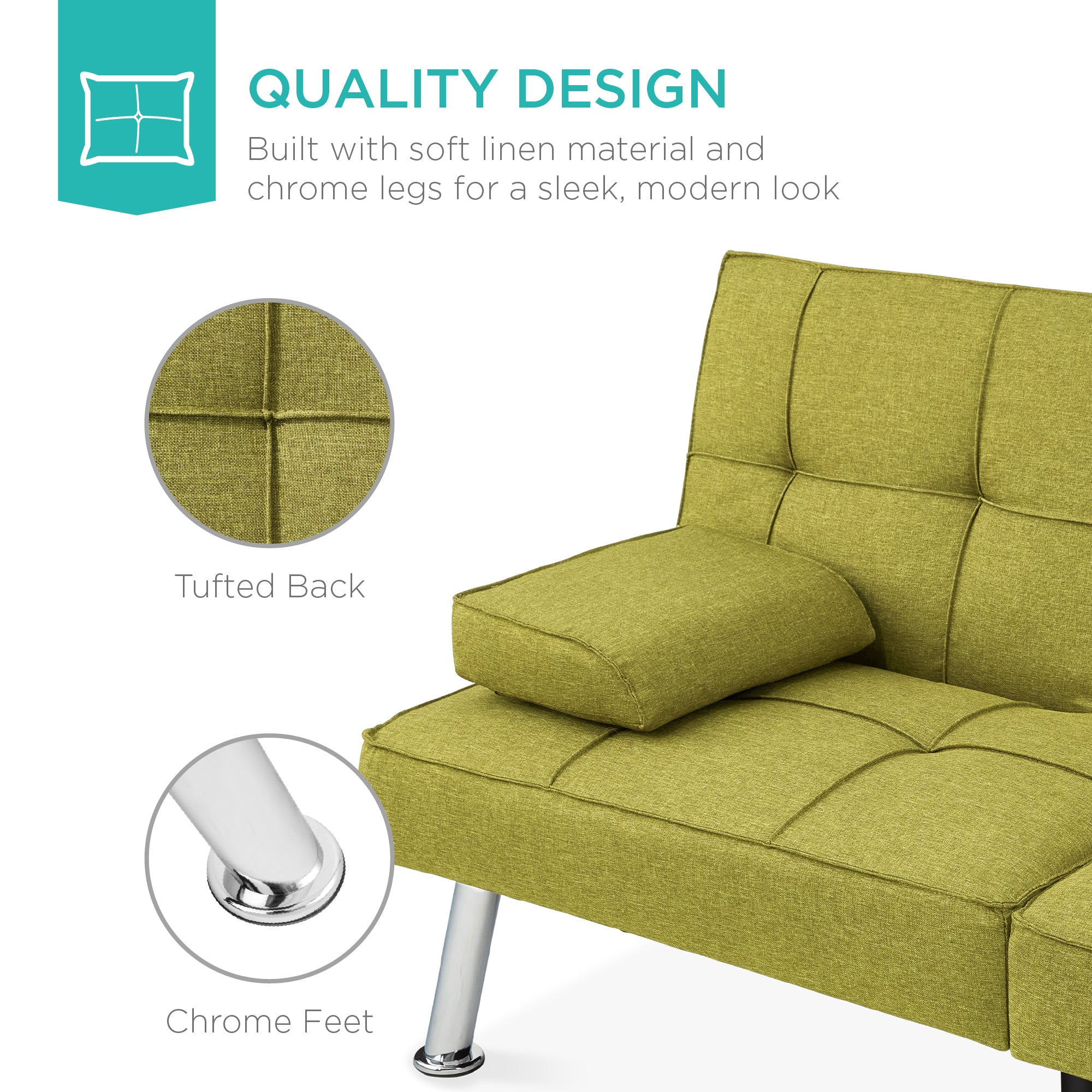 Linen Upholstered Convertible Sofa Bed Futon w/ 2 Cupholders - Image 35