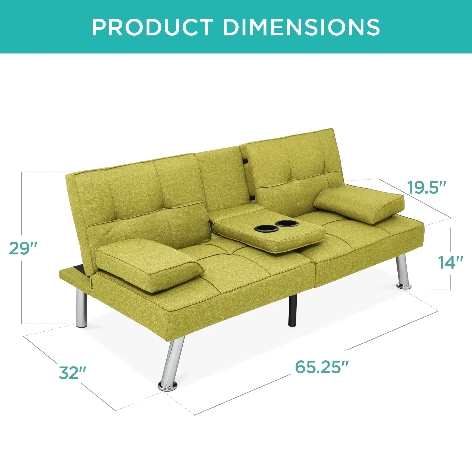 Linen Upholstered Convertible Sofa Bed Futon w/ 2 Cupholders - Image 37