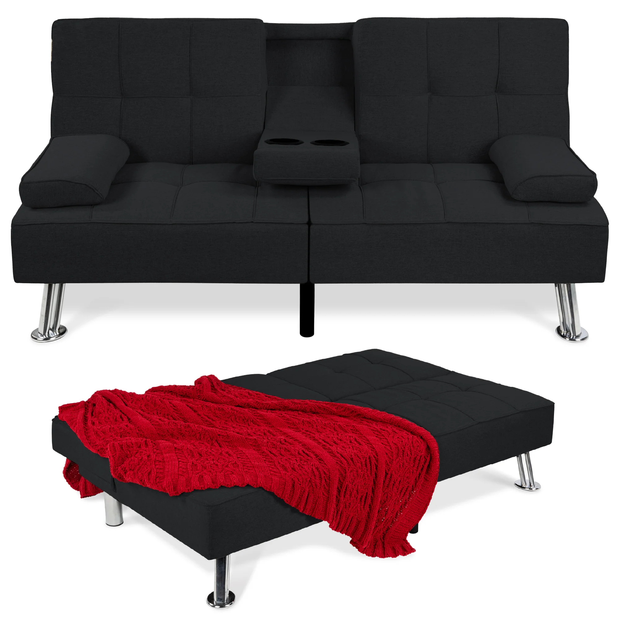Linen Upholstered Convertible Sofa Bed Futon w/ 2 Cupholders - Image 39