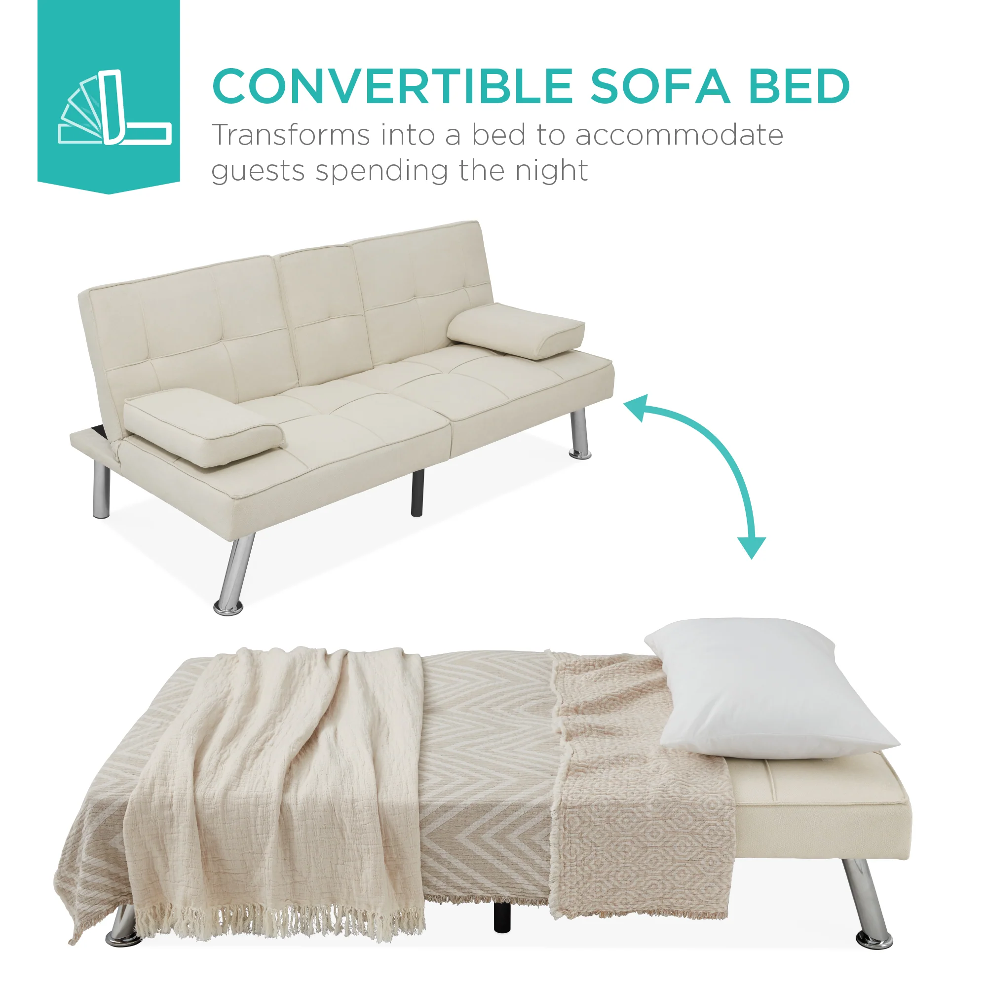 Linen Upholstered Convertible Sofa Bed Futon w/ 2 Cupholders - Image 4