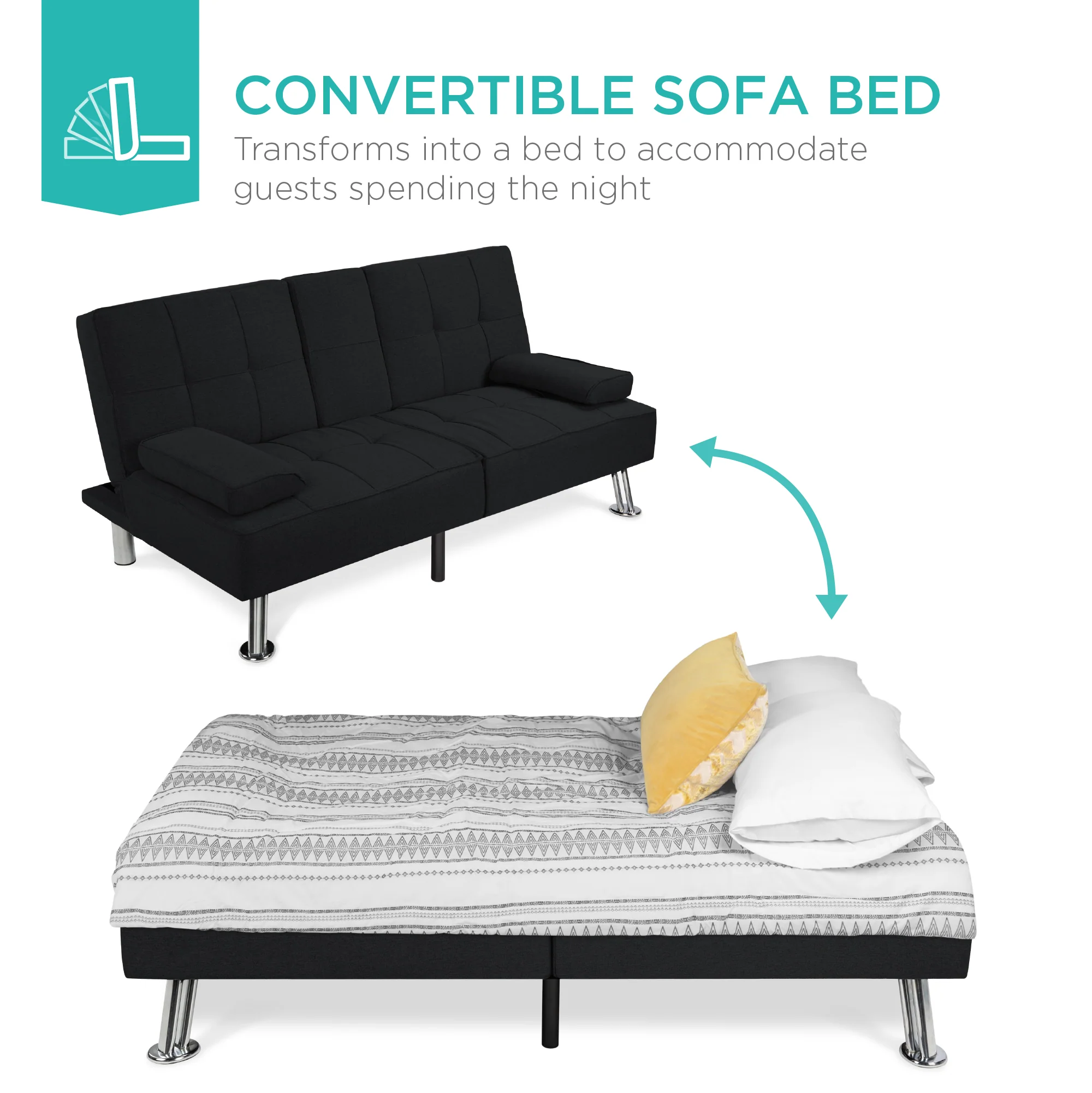 Linen Upholstered Convertible Sofa Bed Futon w/ 2 Cupholders - Image 42