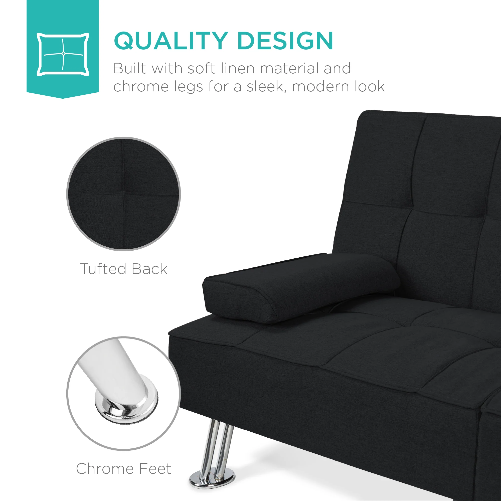 Linen Upholstered Convertible Sofa Bed Futon w/ 2 Cupholders - Image 43