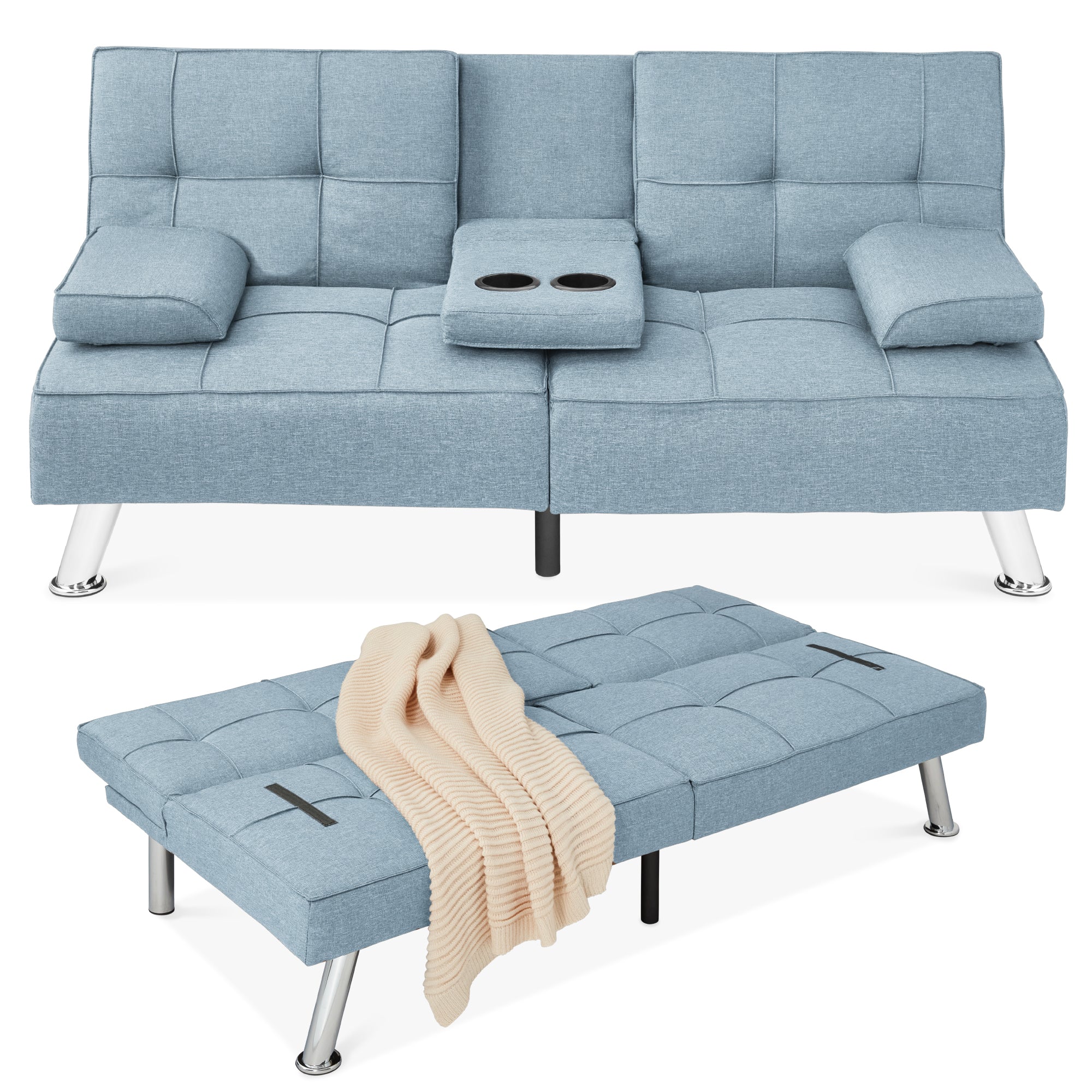 Linen Upholstered Convertible Sofa Bed Futon w/ 2 Cupholders - Image 46