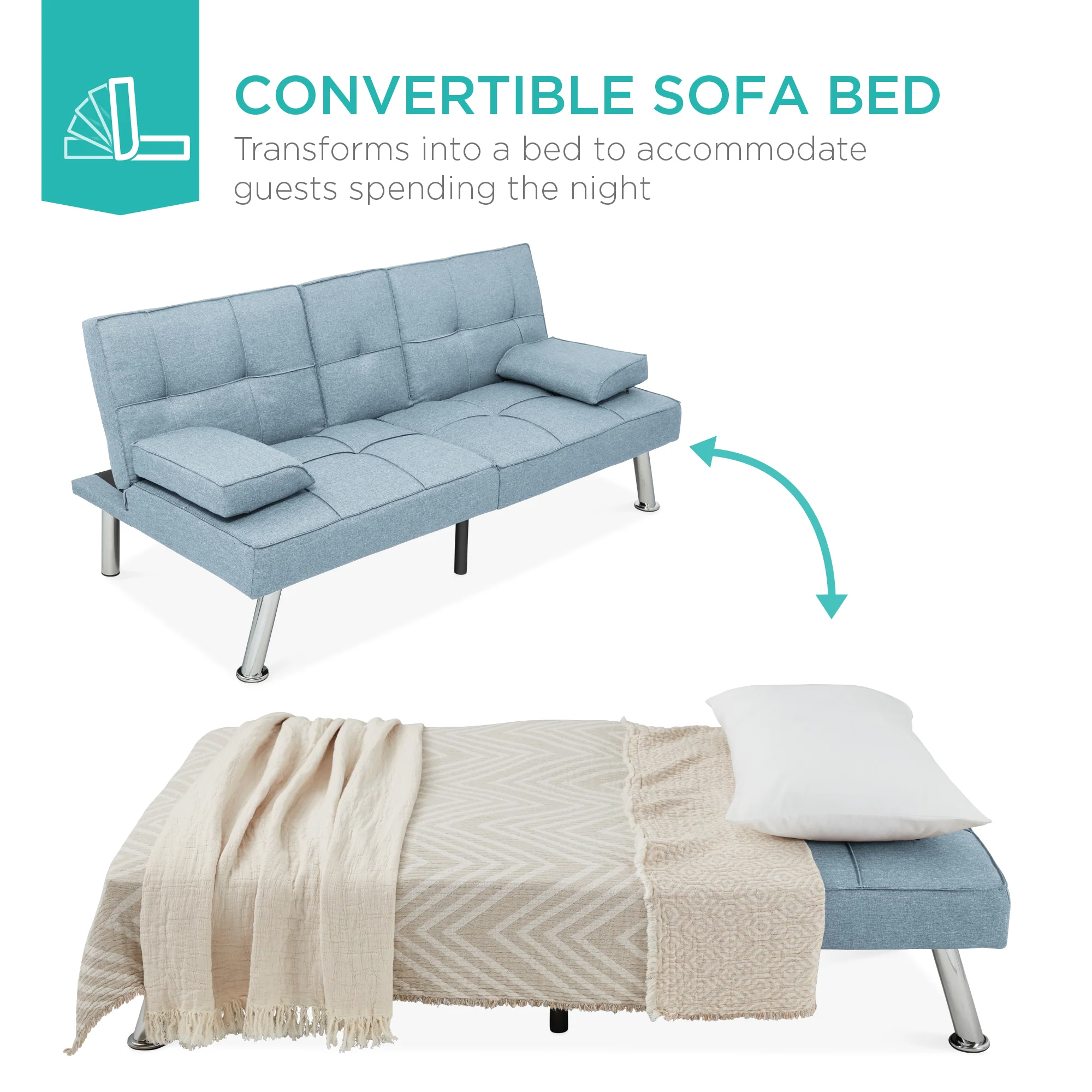 Linen Upholstered Convertible Sofa Bed Futon w/ 2 Cupholders - Image 49