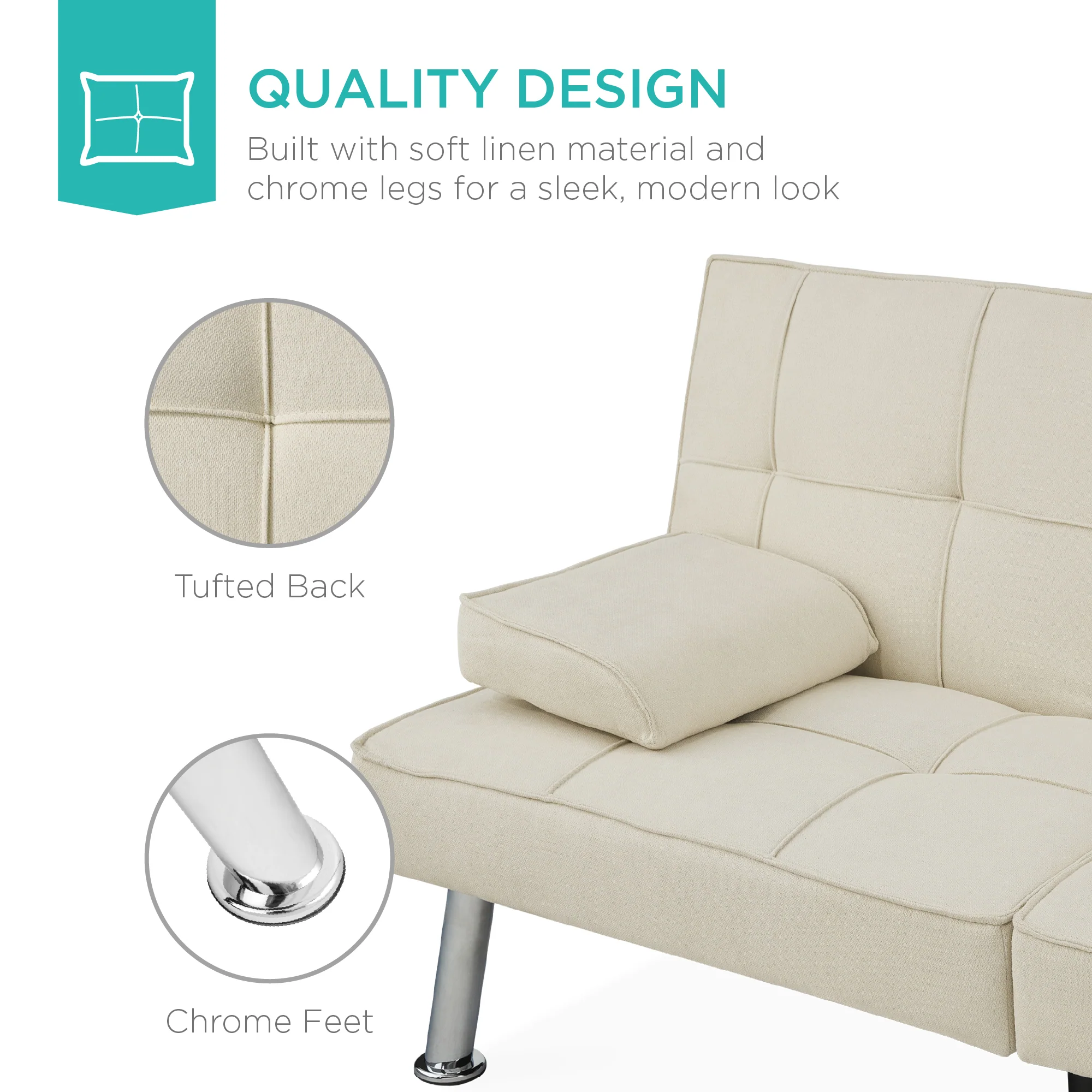 Linen Upholstered Convertible Sofa Bed Futon w/ 2 Cupholders - Image 5