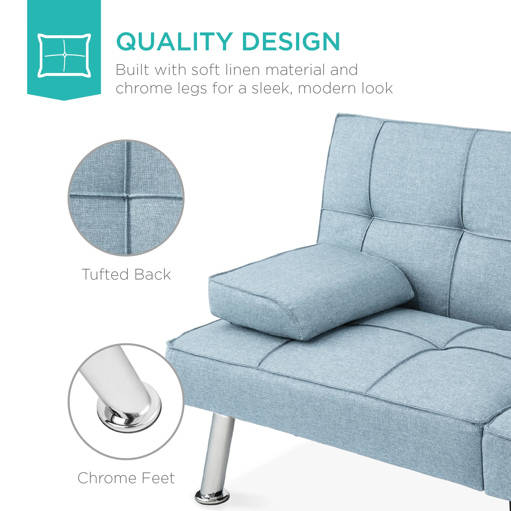 Linen Upholstered Convertible Sofa Bed Futon w/ 2 Cupholders - Image 50