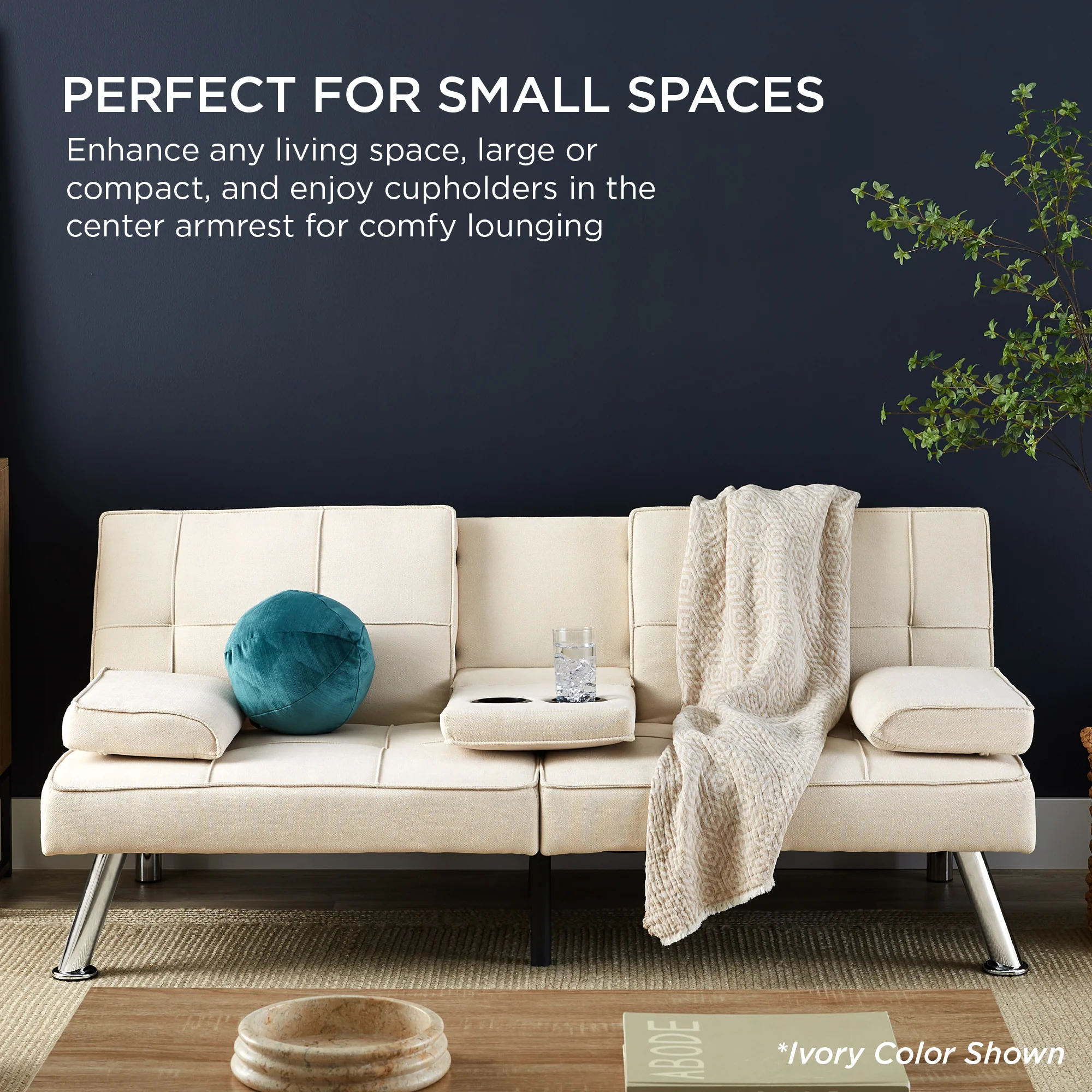 Linen Upholstered Convertible Sofa Bed Futon w/ 2 Cupholders - Image 51