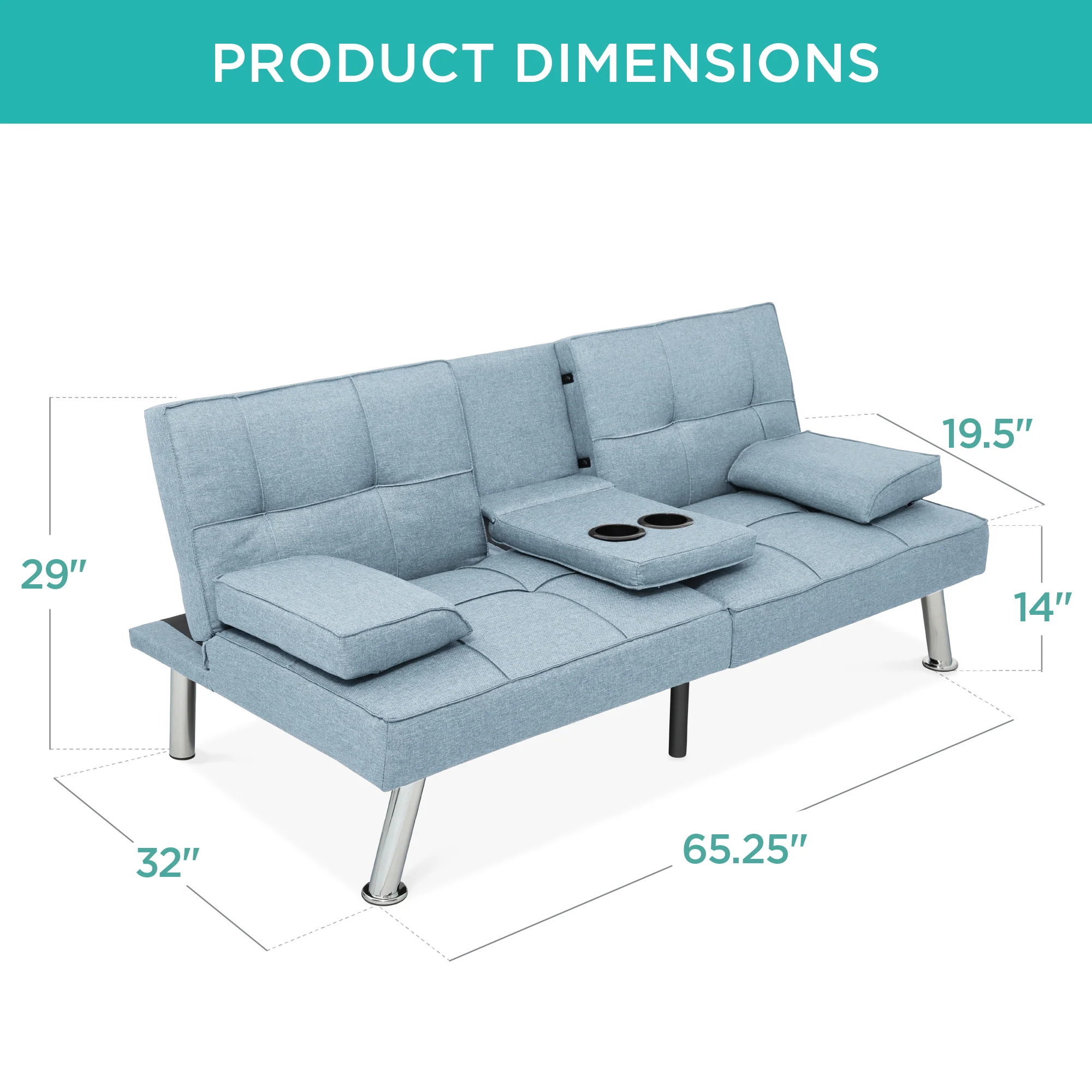 Linen Upholstered Convertible Sofa Bed Futon w/ 2 Cupholders - Image 52