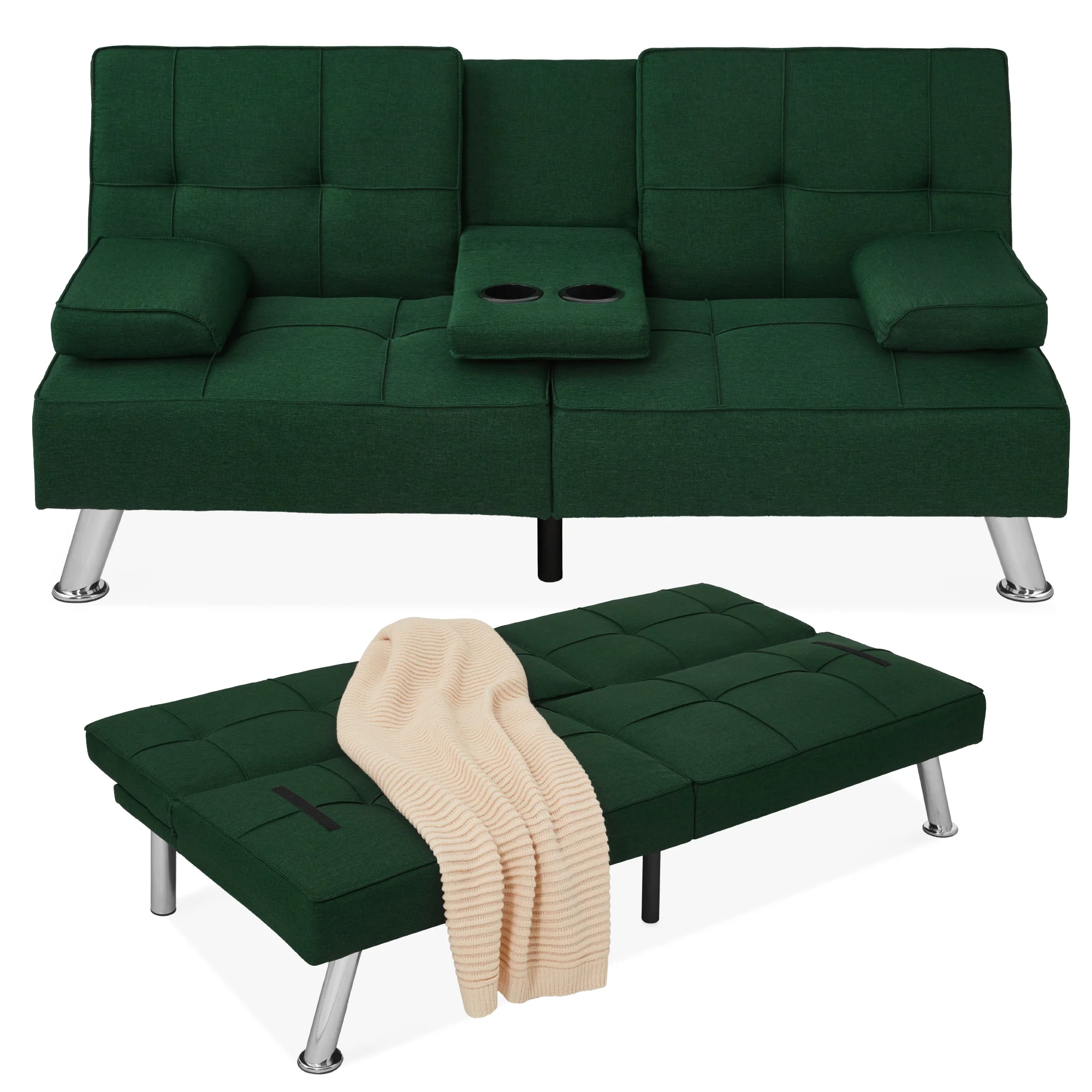 Linen Upholstered Convertible Sofa Bed Futon w/ 2 Cupholders - Image 54