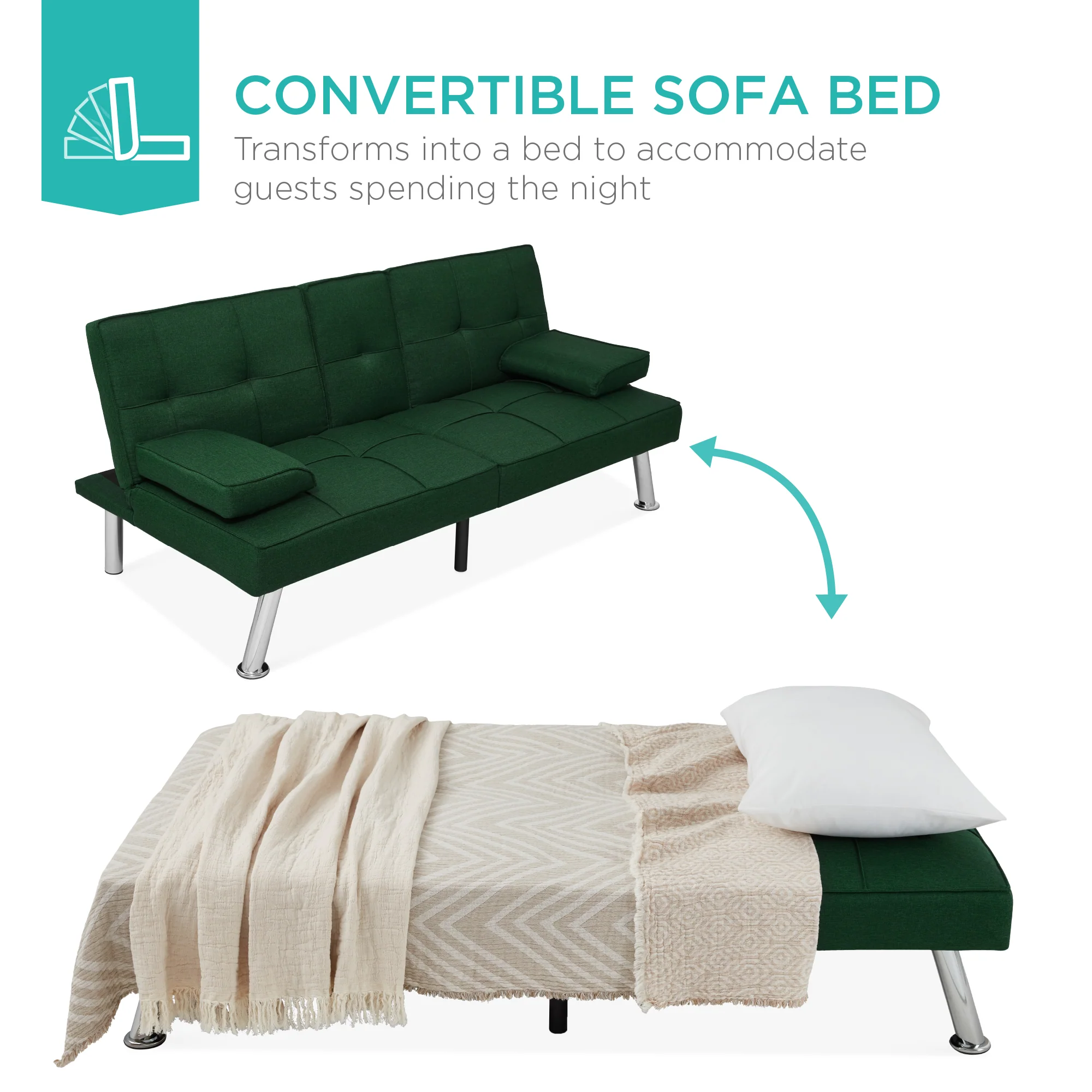 Linen Upholstered Convertible Sofa Bed Futon w/ 2 Cupholders - Image 57