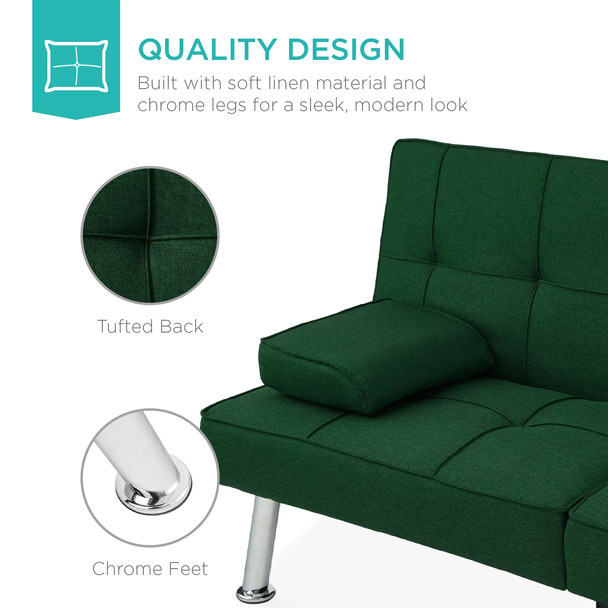 Linen Upholstered Convertible Sofa Bed Futon w/ 2 Cupholders - Image 58