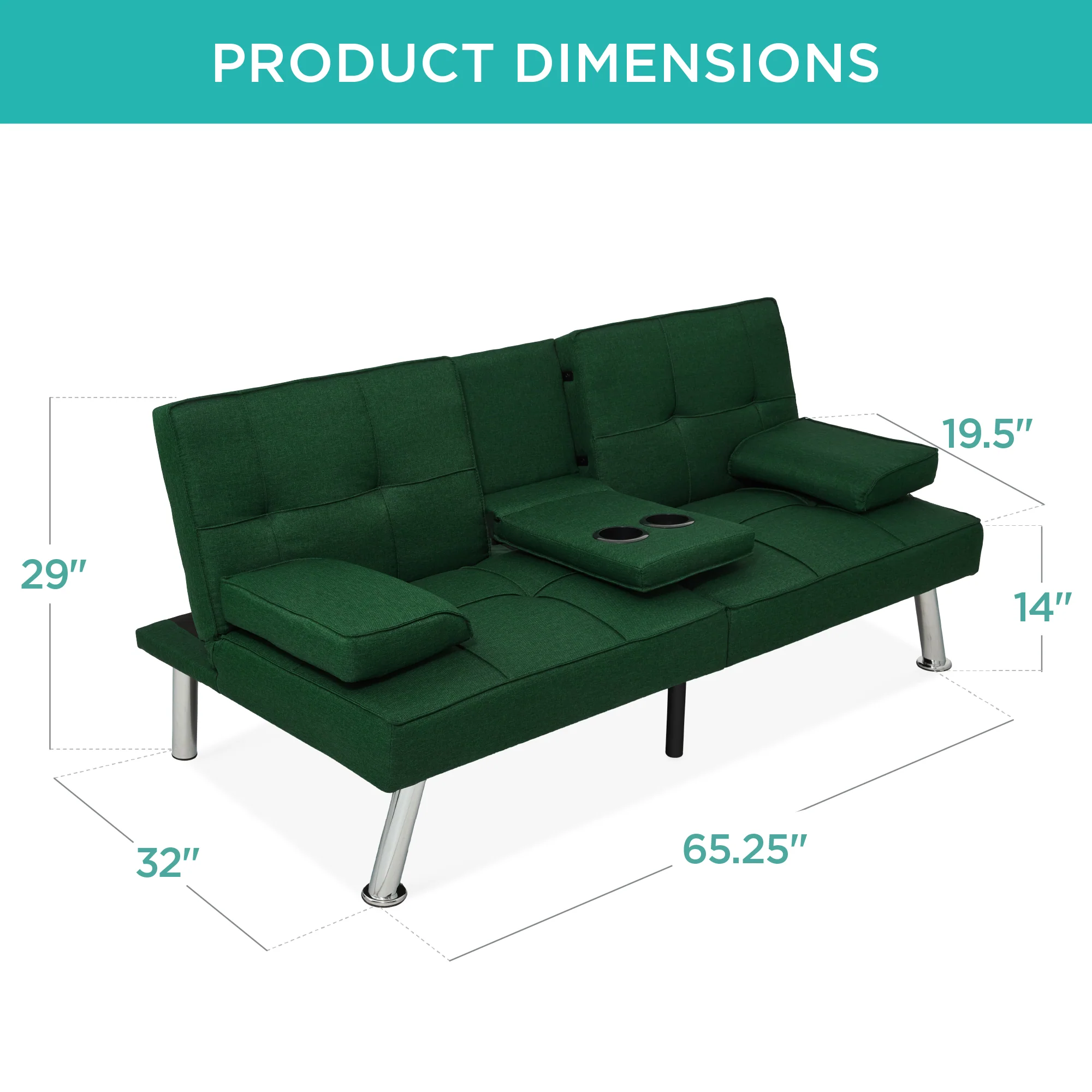 Linen Upholstered Convertible Sofa Bed Futon w/ 2 Cupholders - Image 60