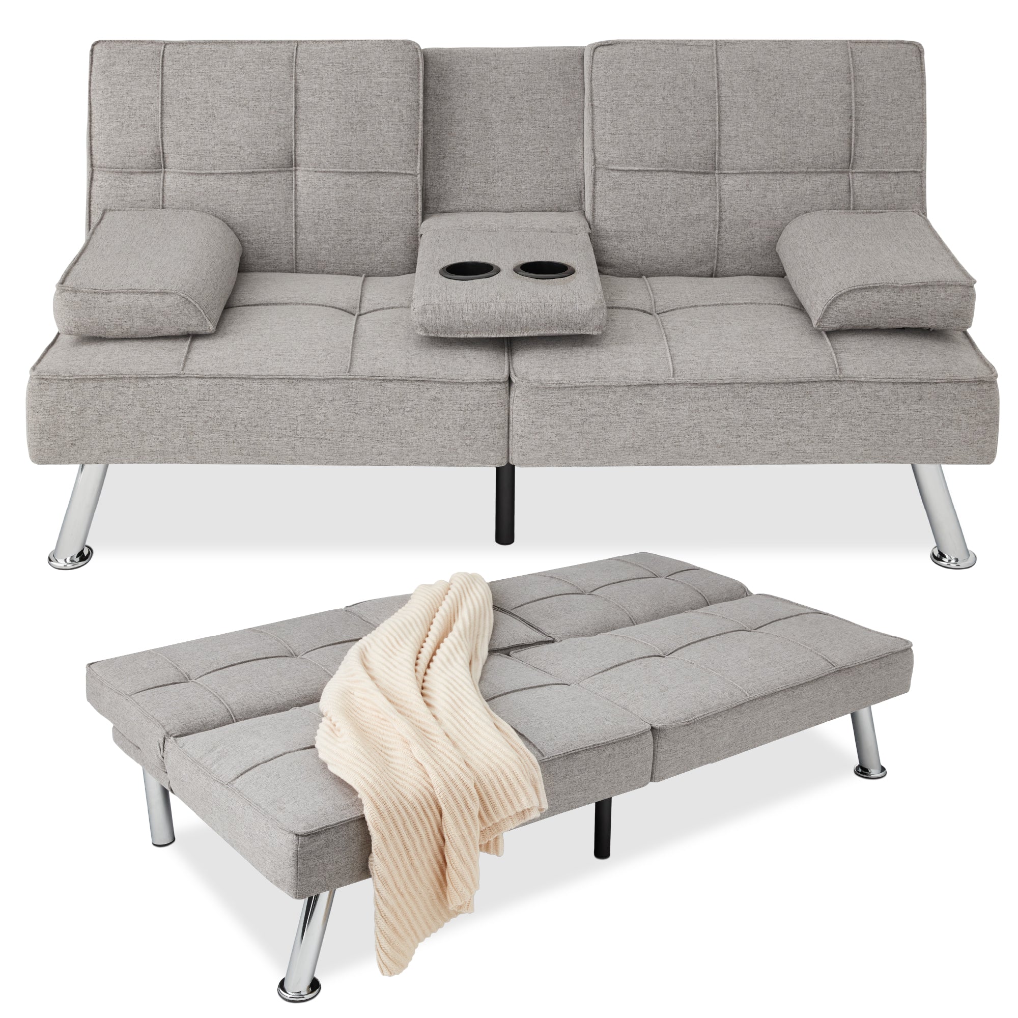 Linen Upholstered Convertible Sofa Bed Futon w/ 2 Cupholders - Image 62
