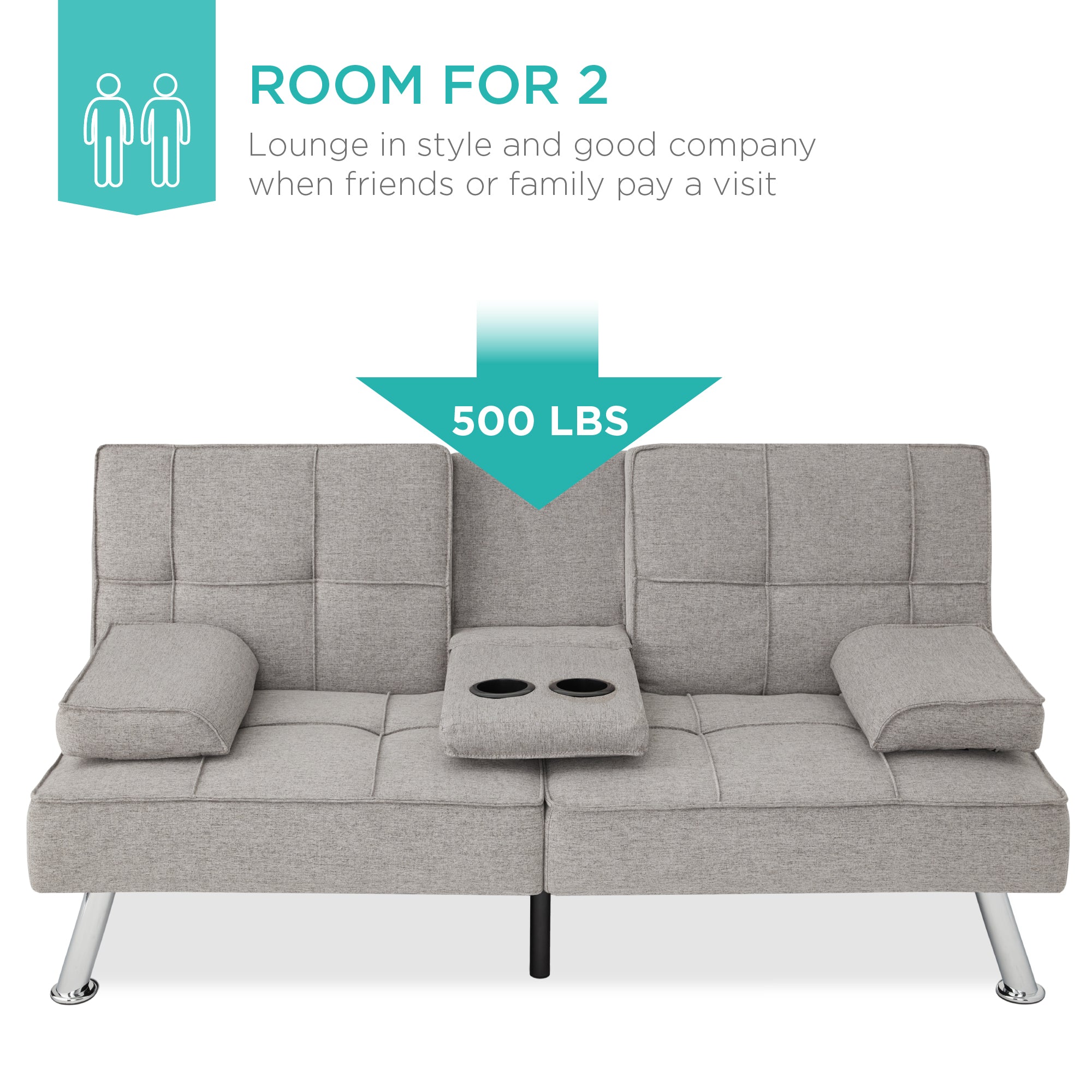 Linen Upholstered Convertible Sofa Bed Futon w/ 2 Cupholders - Image 64