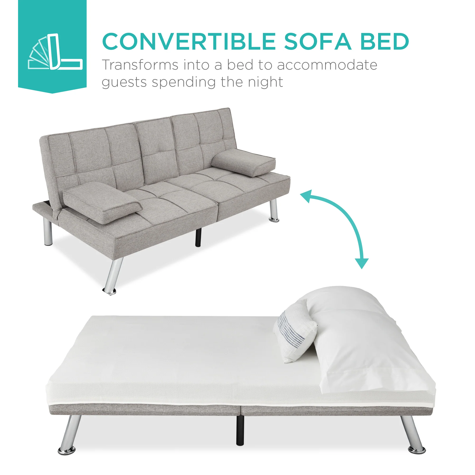 Linen Upholstered Convertible Sofa Bed Futon w/ 2 Cupholders - Image 65