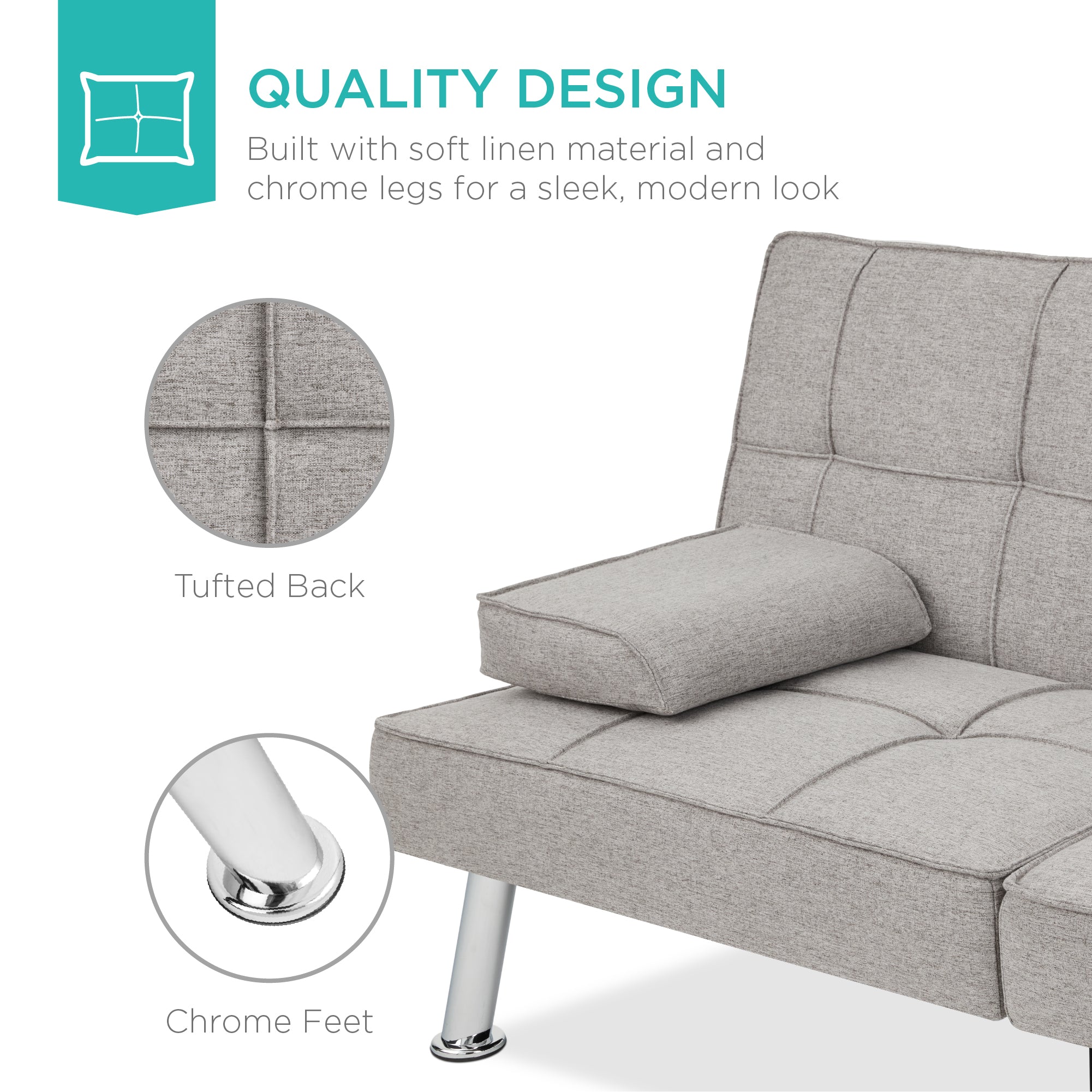 Linen Upholstered Convertible Sofa Bed Futon w/ 2 Cupholders - Image 66