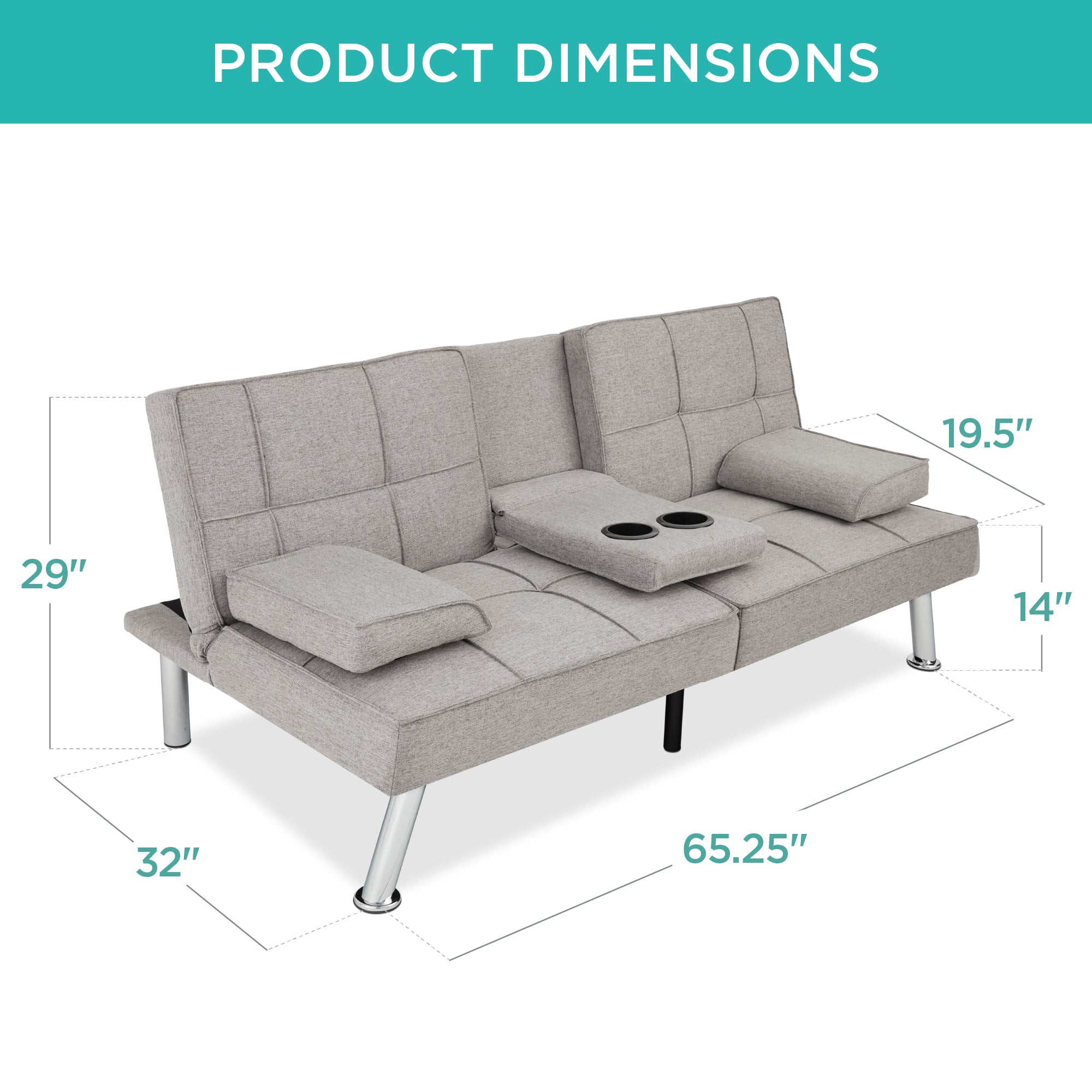 Linen Upholstered Convertible Sofa Bed Futon w/ 2 Cupholders - Image 68
