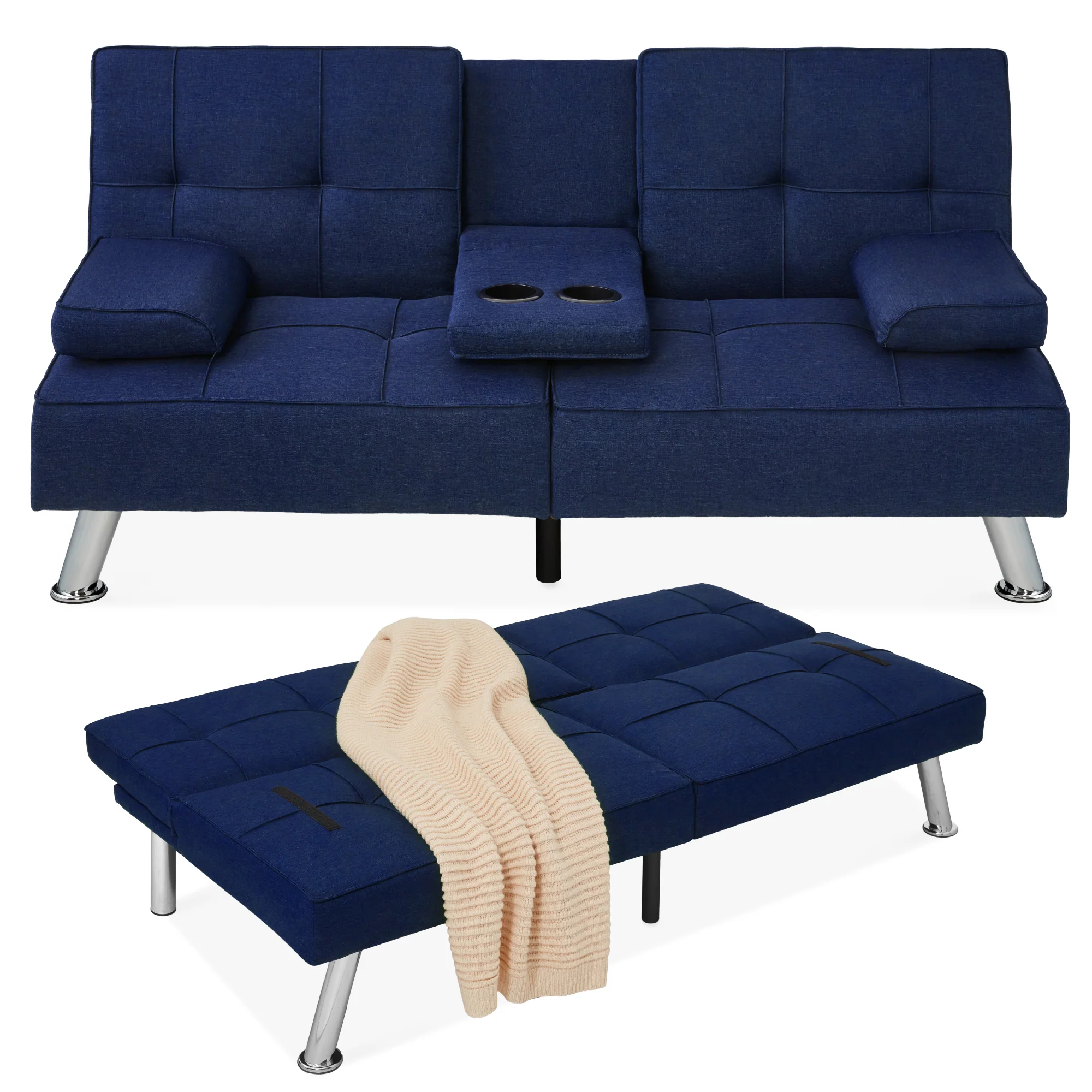 Linen Upholstered Convertible Sofa Bed Futon w/ 2 Cupholders - Image 69