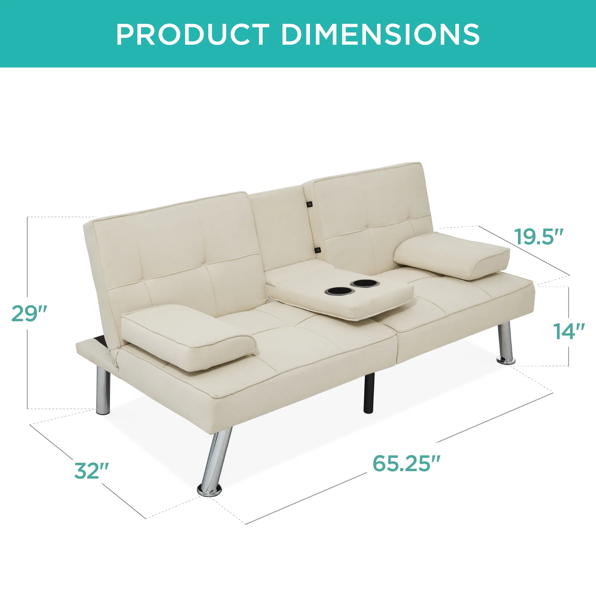 Linen Upholstered Convertible Sofa Bed Futon w/ 2 Cupholders - Image 7