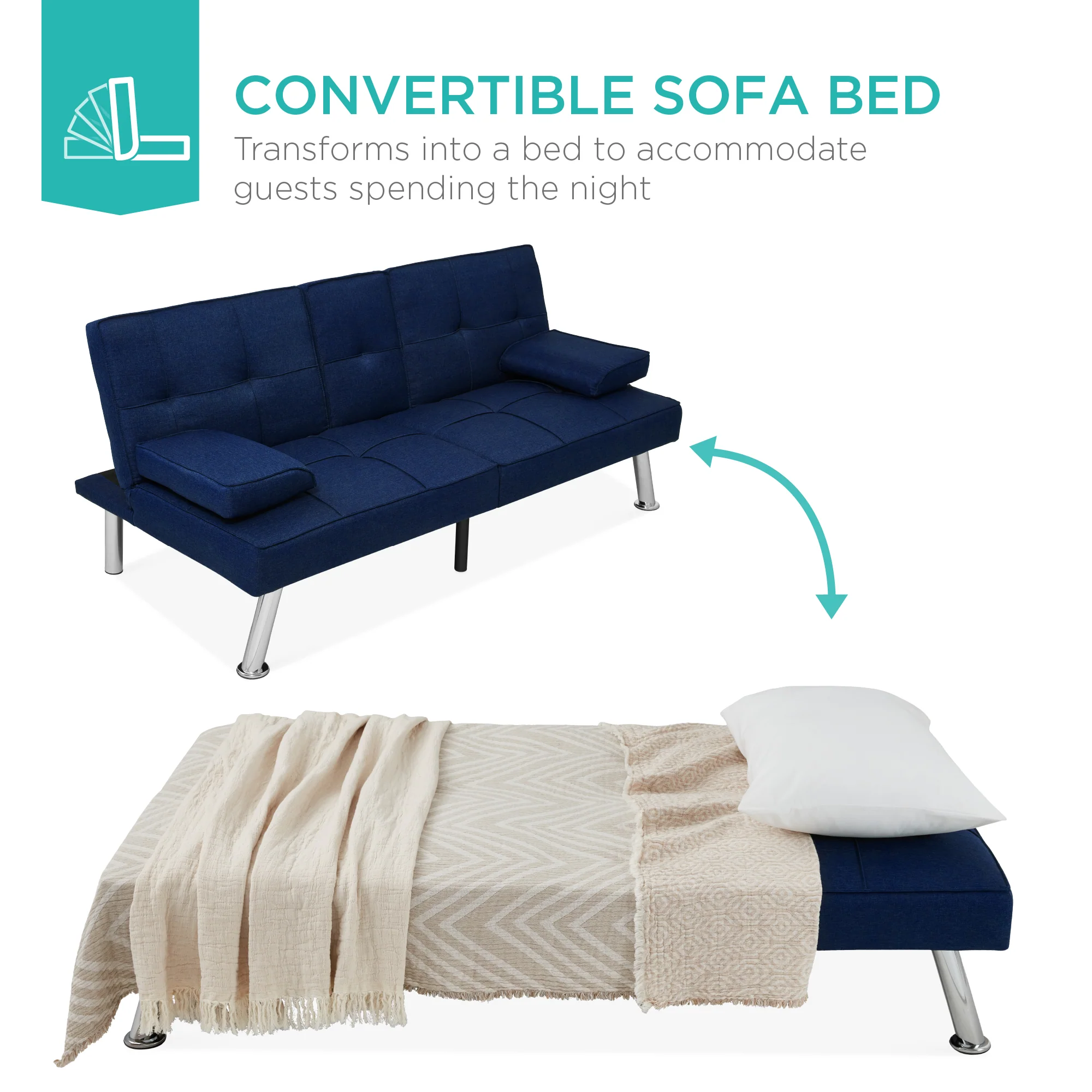Linen Upholstered Convertible Sofa Bed Futon w/ 2 Cupholders - Image 72
