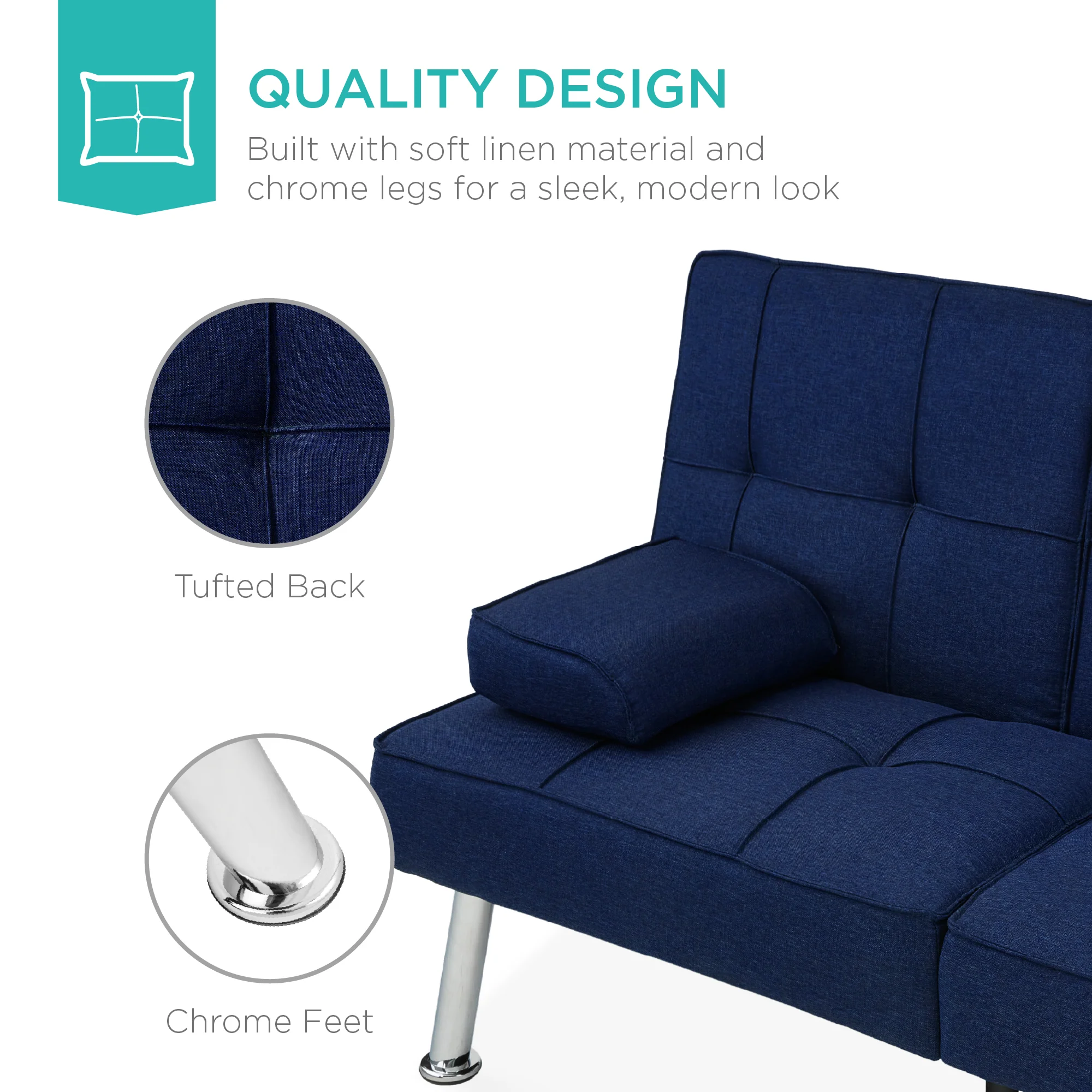 Linen Upholstered Convertible Sofa Bed Futon w/ 2 Cupholders - Image 73