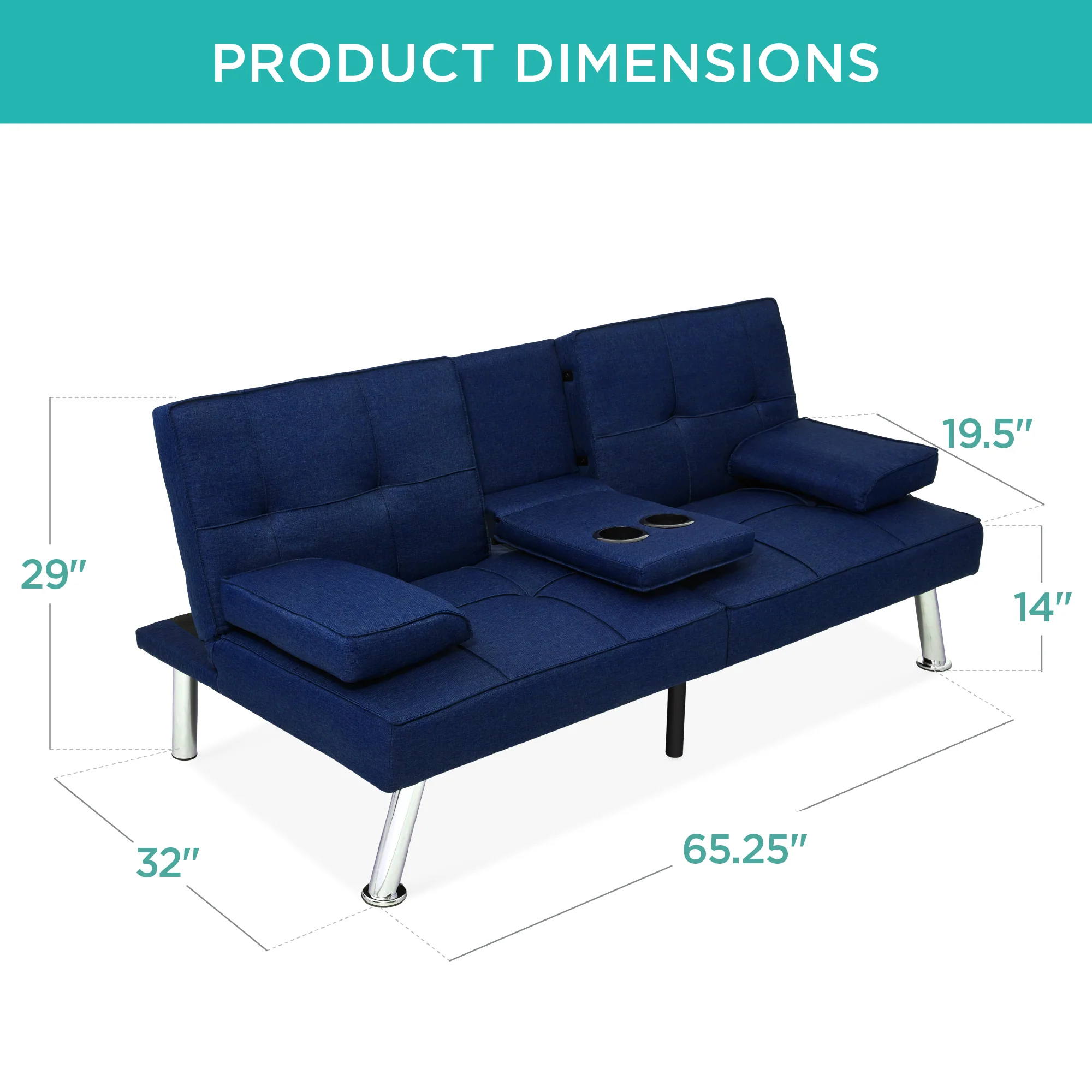 Linen Upholstered Convertible Sofa Bed Futon w/ 2 Cupholders - Image 75