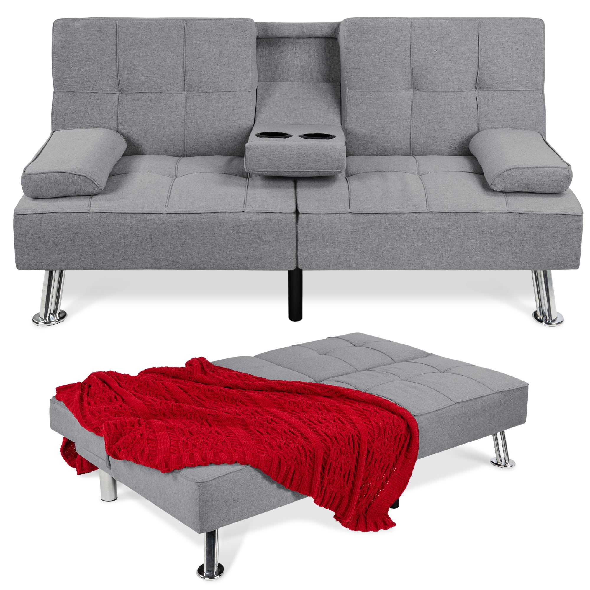 Linen Upholstered Convertible Sofa Bed Futon w/ 2 Cupholders - Image 77
