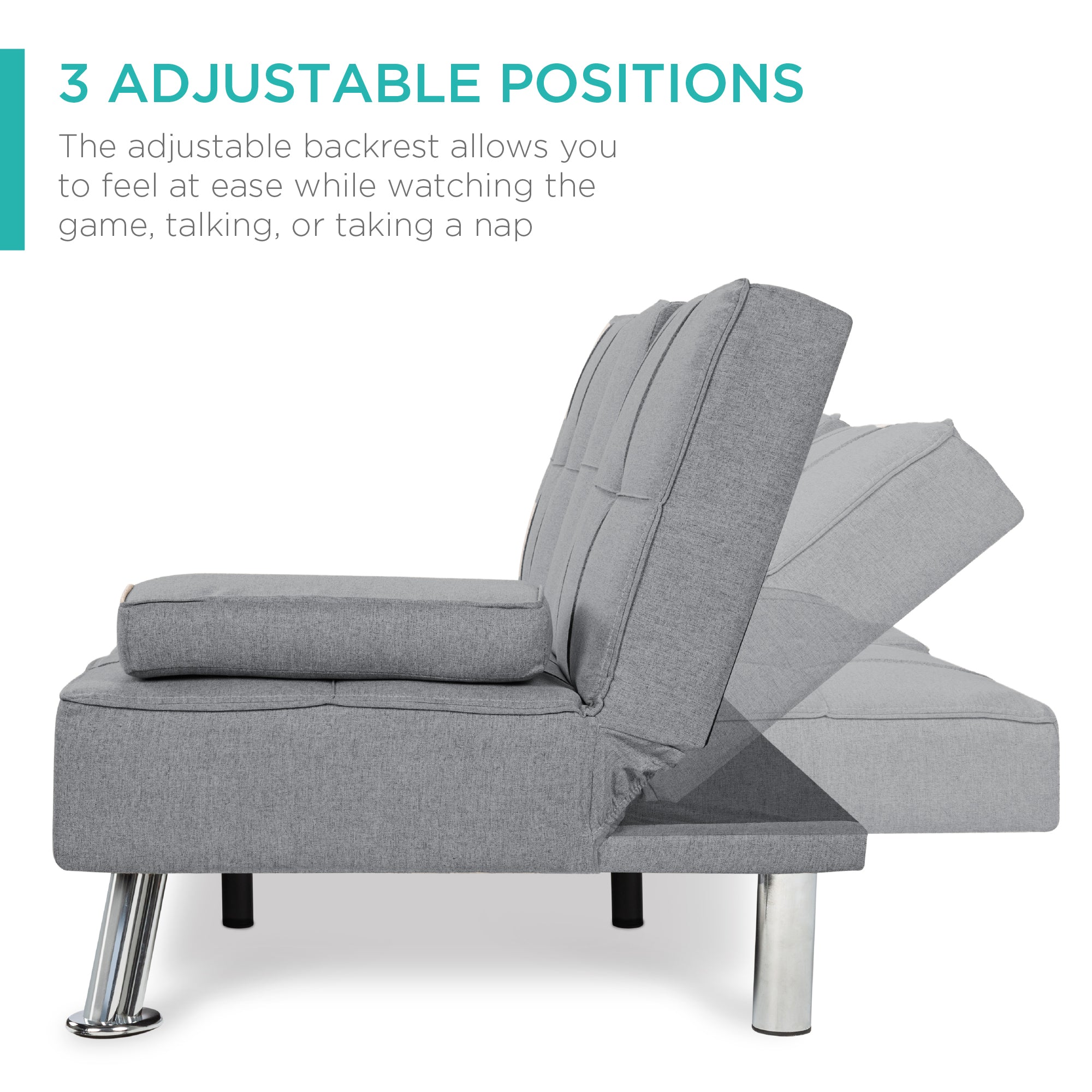 Linen Upholstered Convertible Sofa Bed Futon w/ 2 Cupholders - Image 78