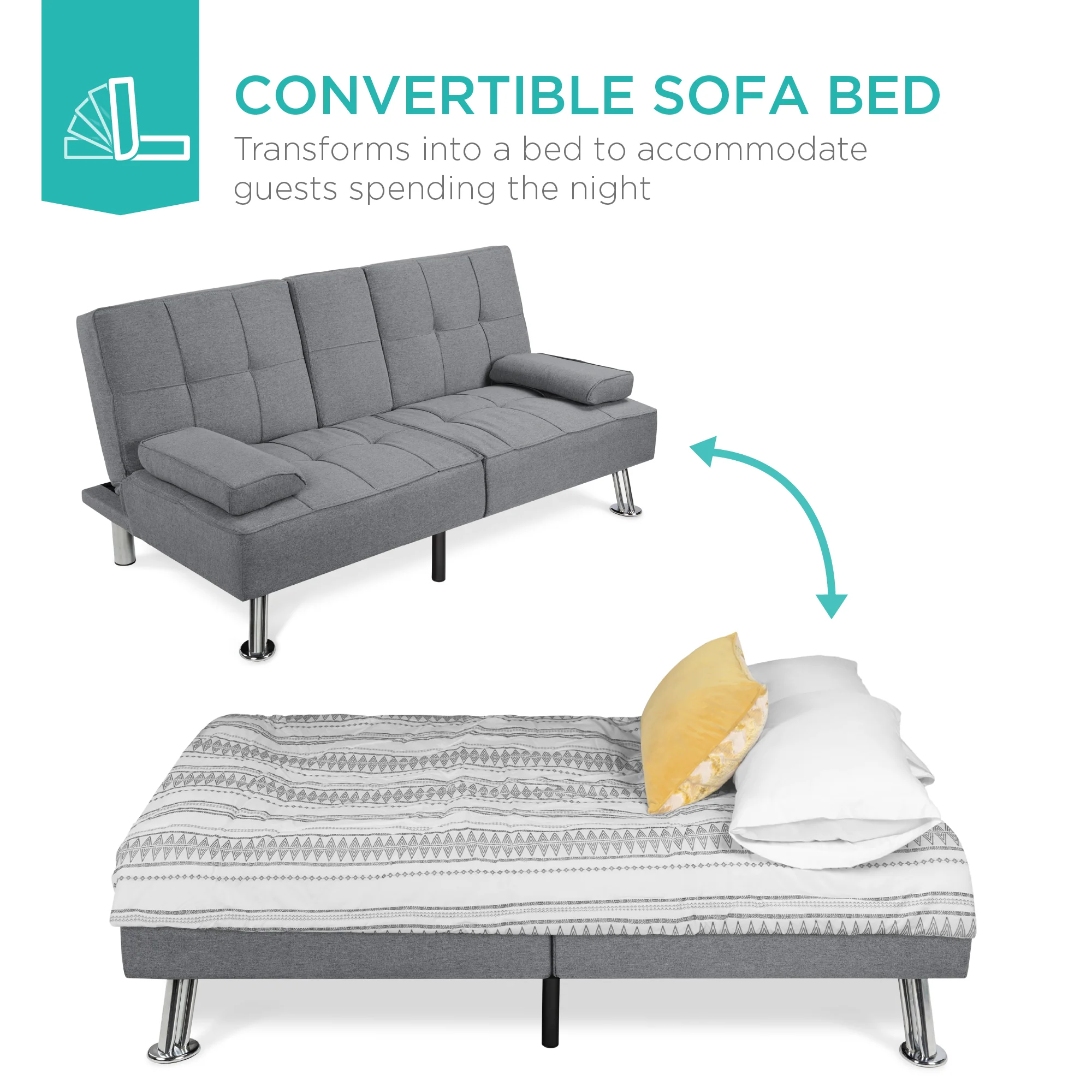 Linen Upholstered Convertible Sofa Bed Futon w/ 2 Cupholders - Image 80