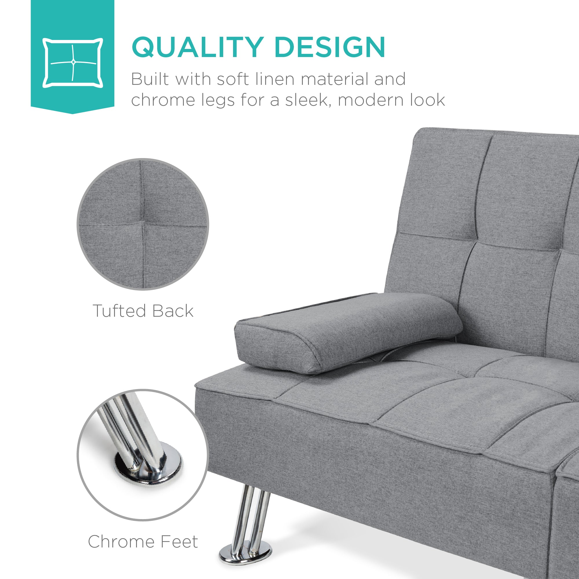 Linen Upholstered Convertible Sofa Bed Futon w/ 2 Cupholders - Image 81