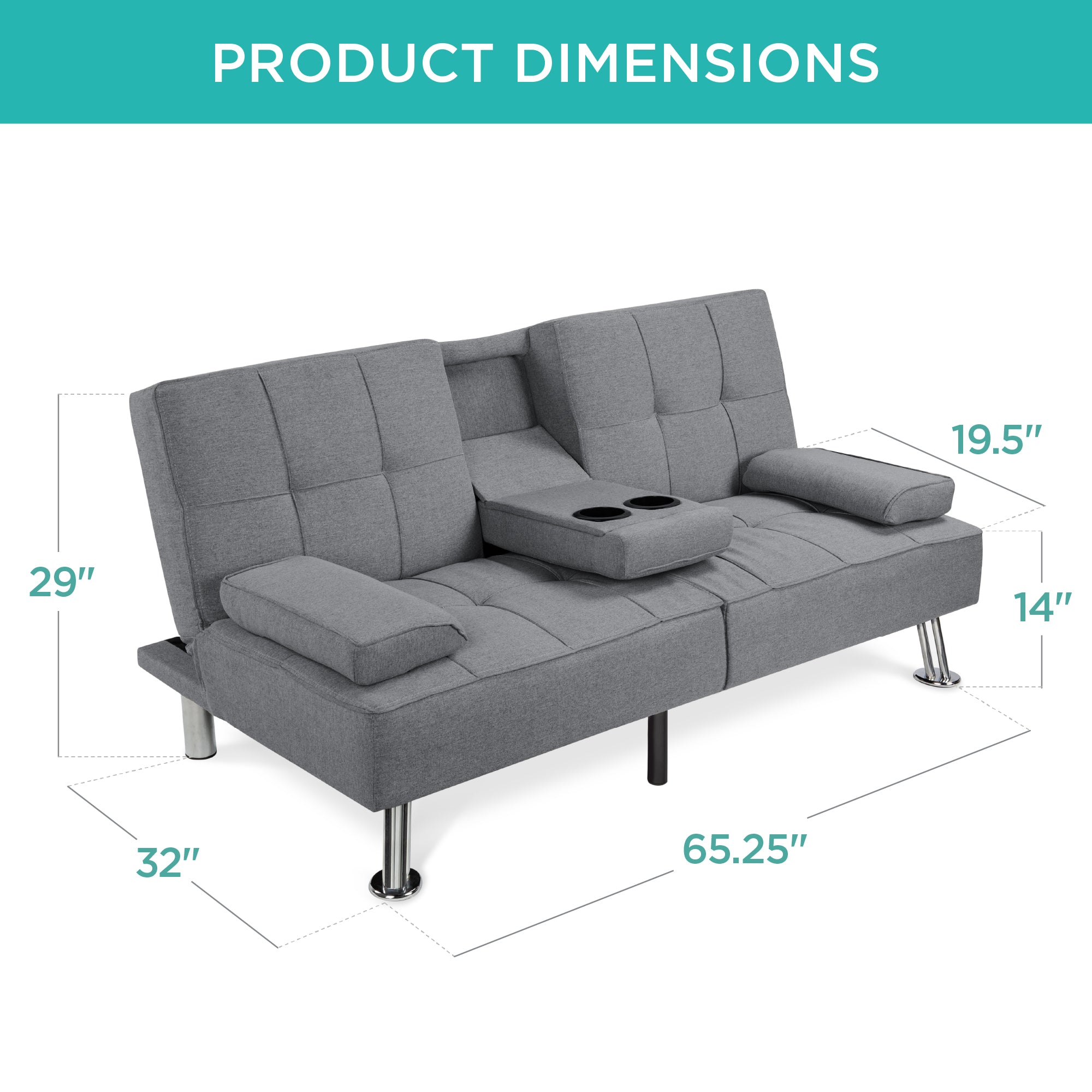 Linen Upholstered Convertible Sofa Bed Futon w/ 2 Cupholders - Image 83