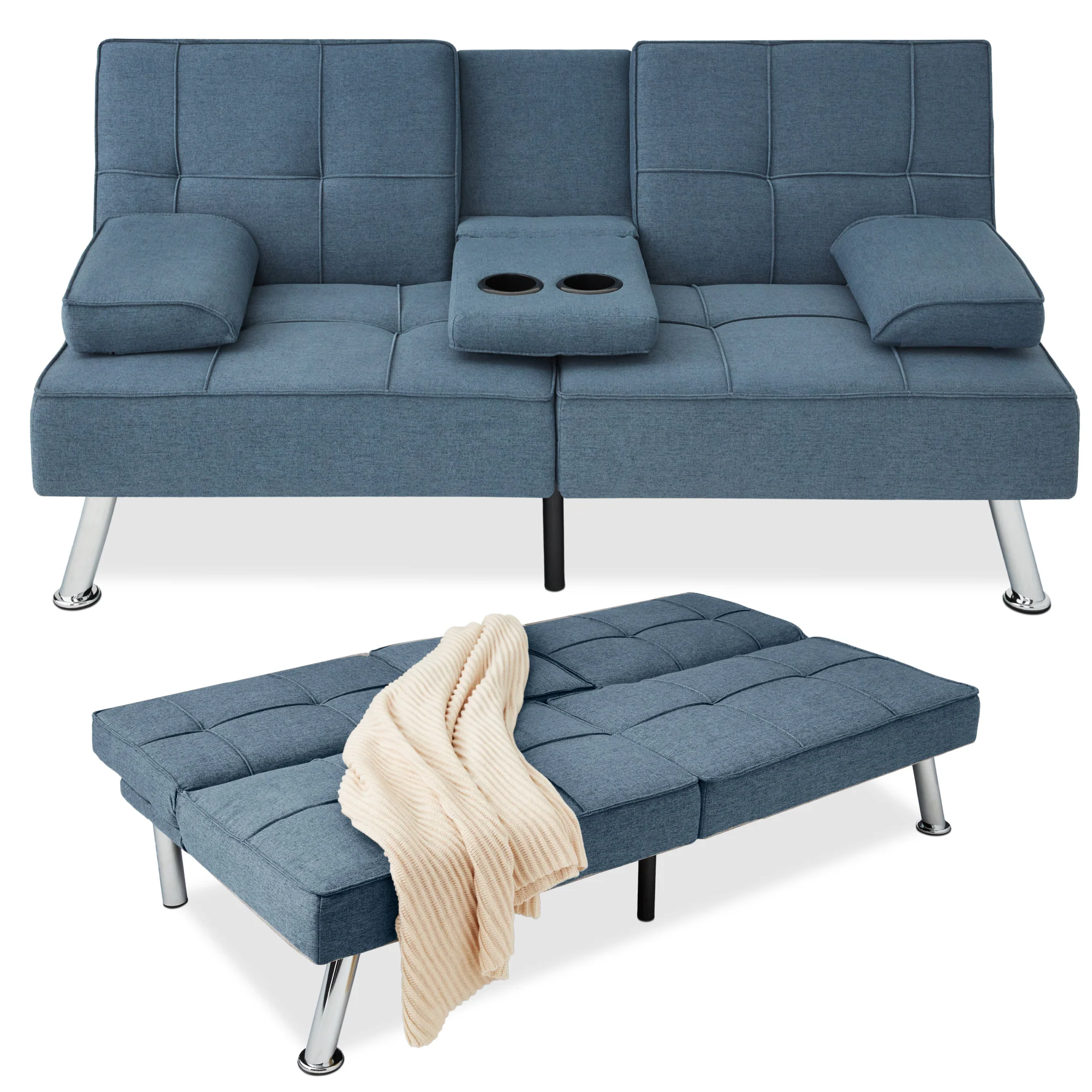 Linen Upholstered Convertible Sofa Bed Futon w/ 2 Cupholders - Image 9