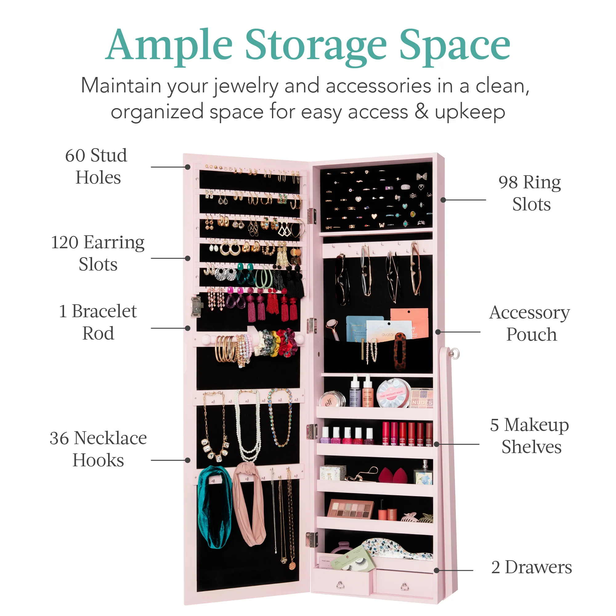 Full Length Freestanding Jewelry Mirror Armoire w/ Velvet Interior - Image 23