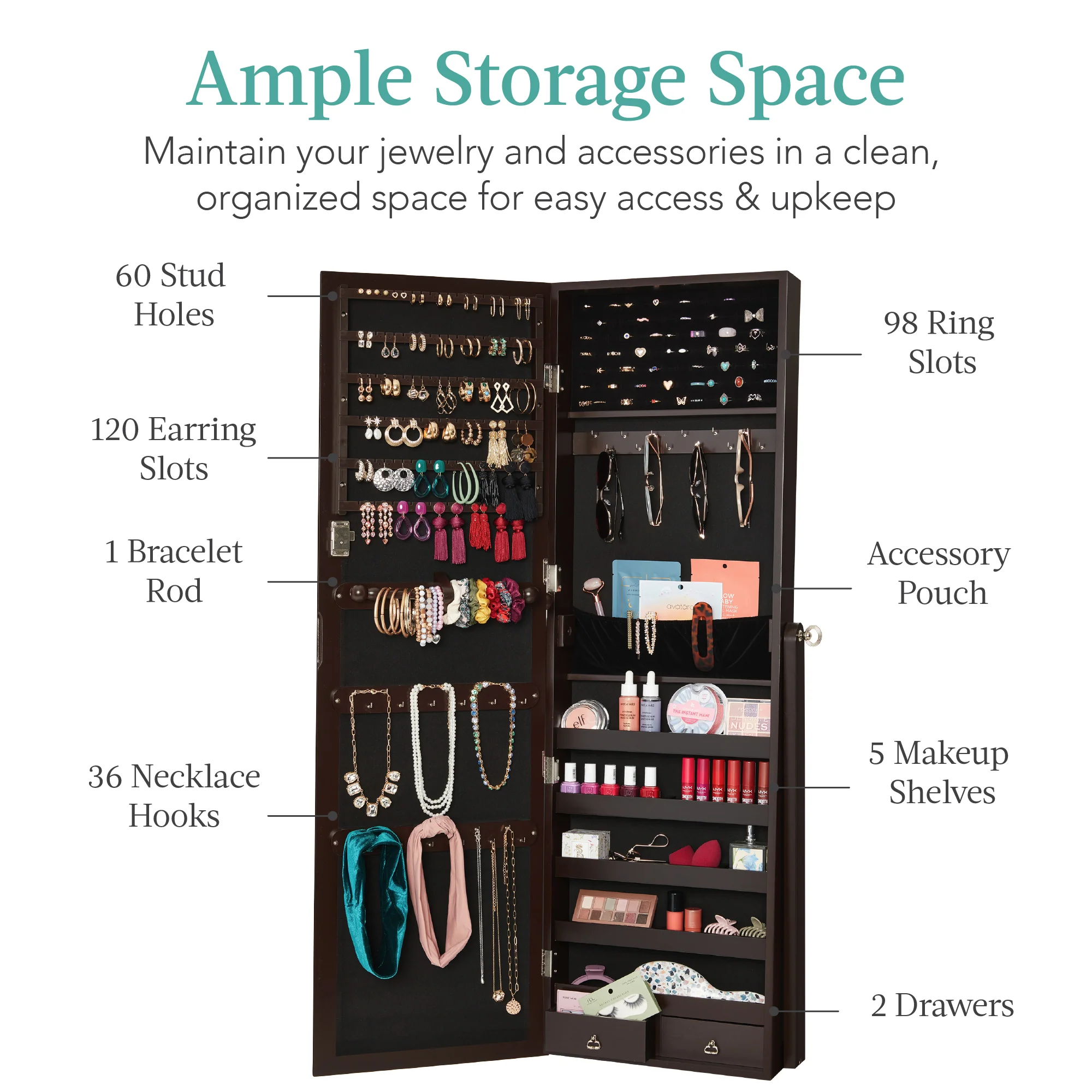 Full Length Freestanding Jewelry Mirror Armoire w/ Velvet Interior - Image 44